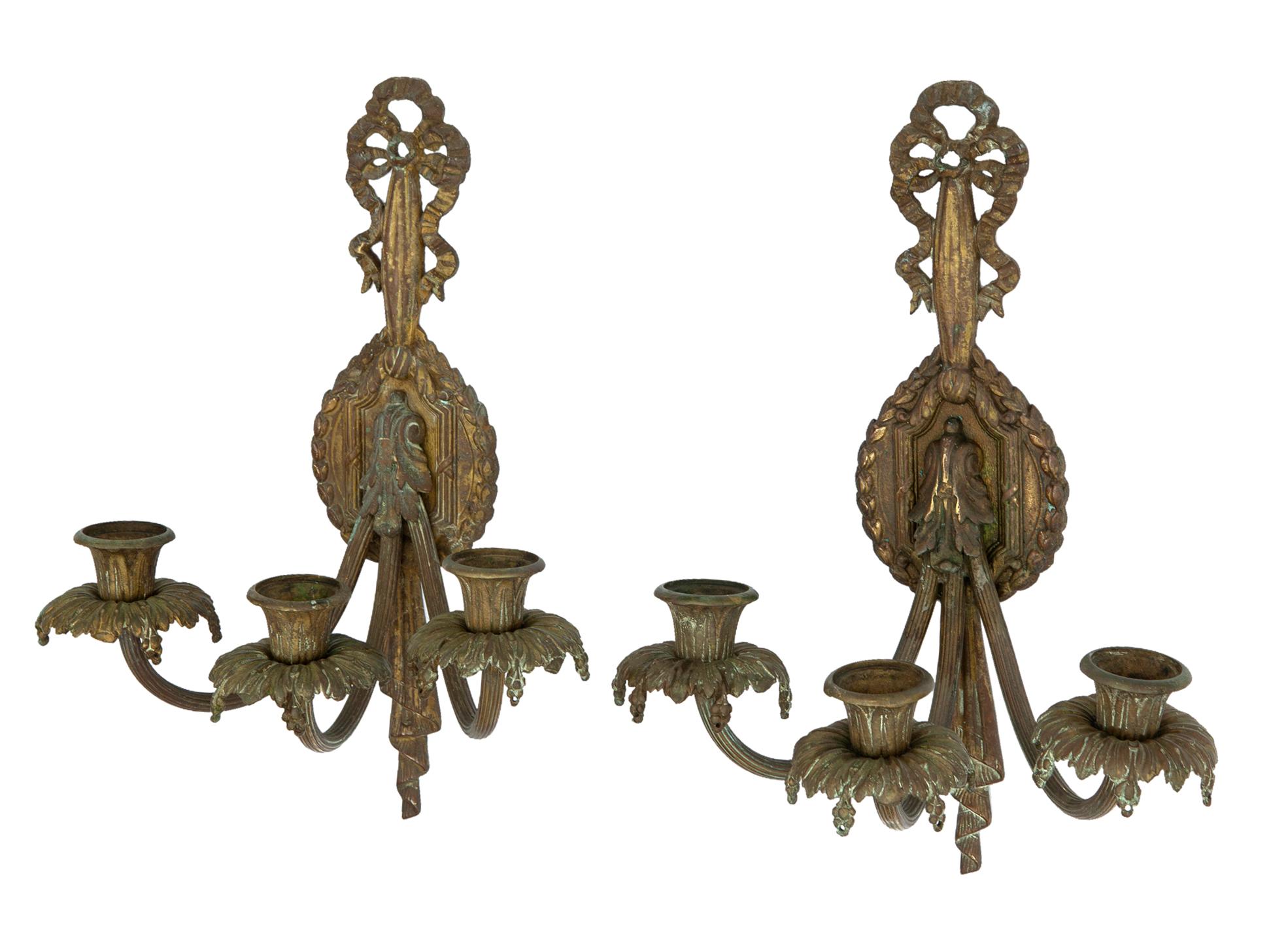 20th Century French Bronze Candle Sconces, a Pair For Sale
