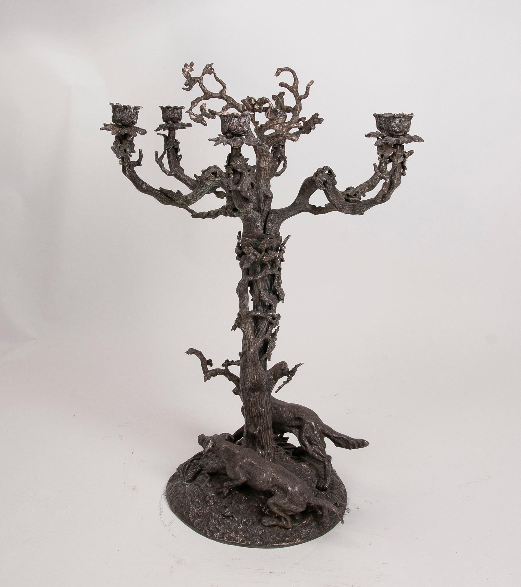 20th Century French, Bronze Candleholder in the Shape of a Tree and Decorated with Dogs For Sale