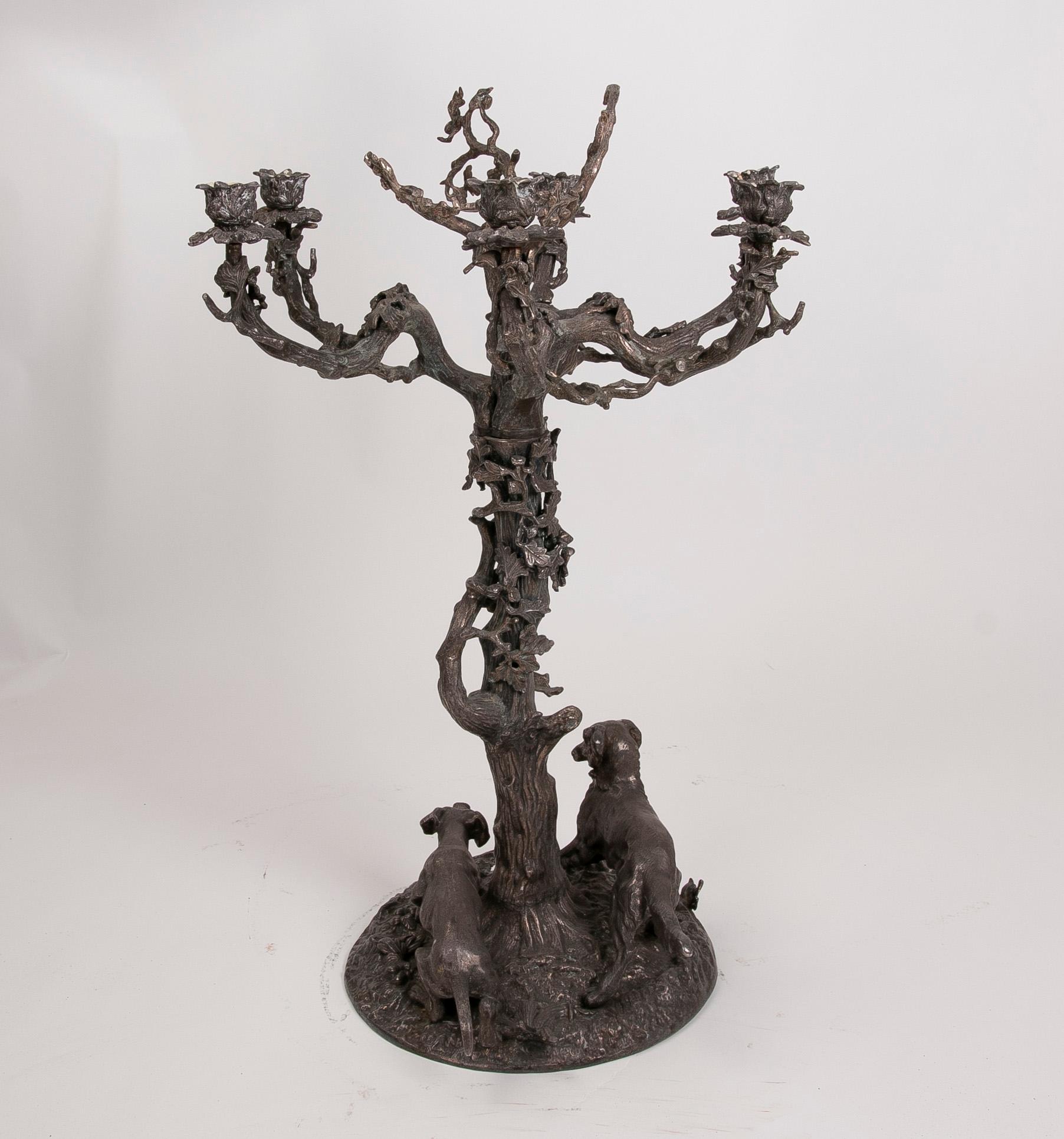 French, Bronze Candleholder in the Shape of a Tree and Decorated with Dogs For Sale 1
