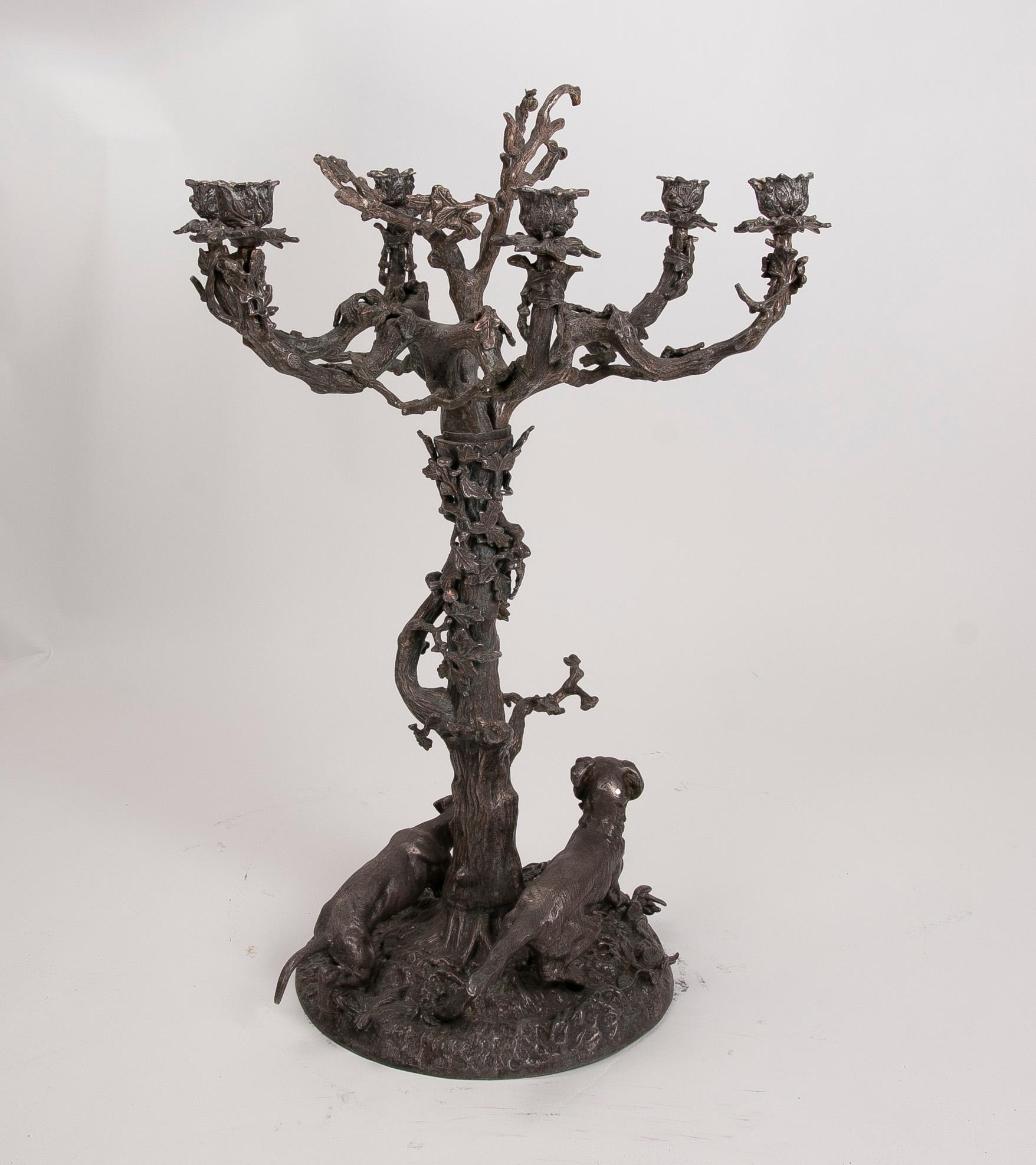 French, Bronze Candleholder in the Shape of a Tree and Decorated with Dogs For Sale 2