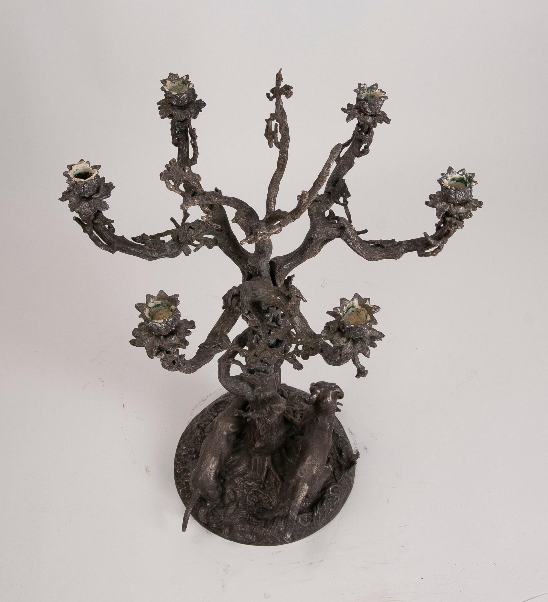 French, Bronze Candleholder in the Shape of a Tree and Decorated with Dogs For Sale 3