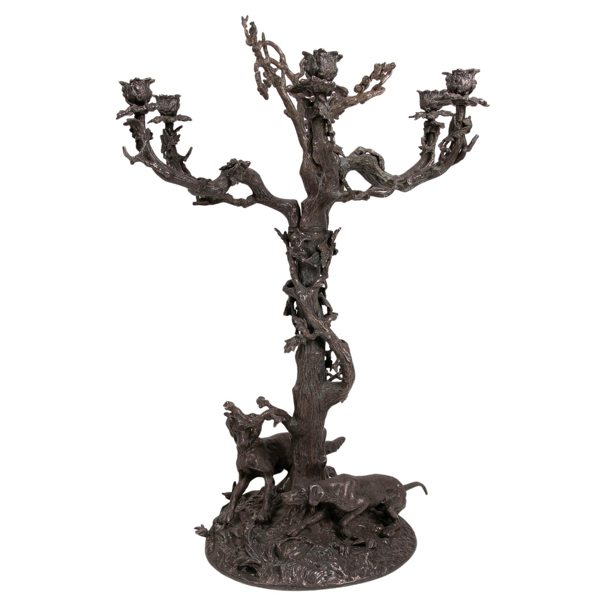 French, Bronze Candleholder in the Shape of a Tree and Decorated with Dogs For Sale