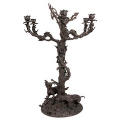Bougeoir en bronze français en forme d'arbre et décoré de chiens 