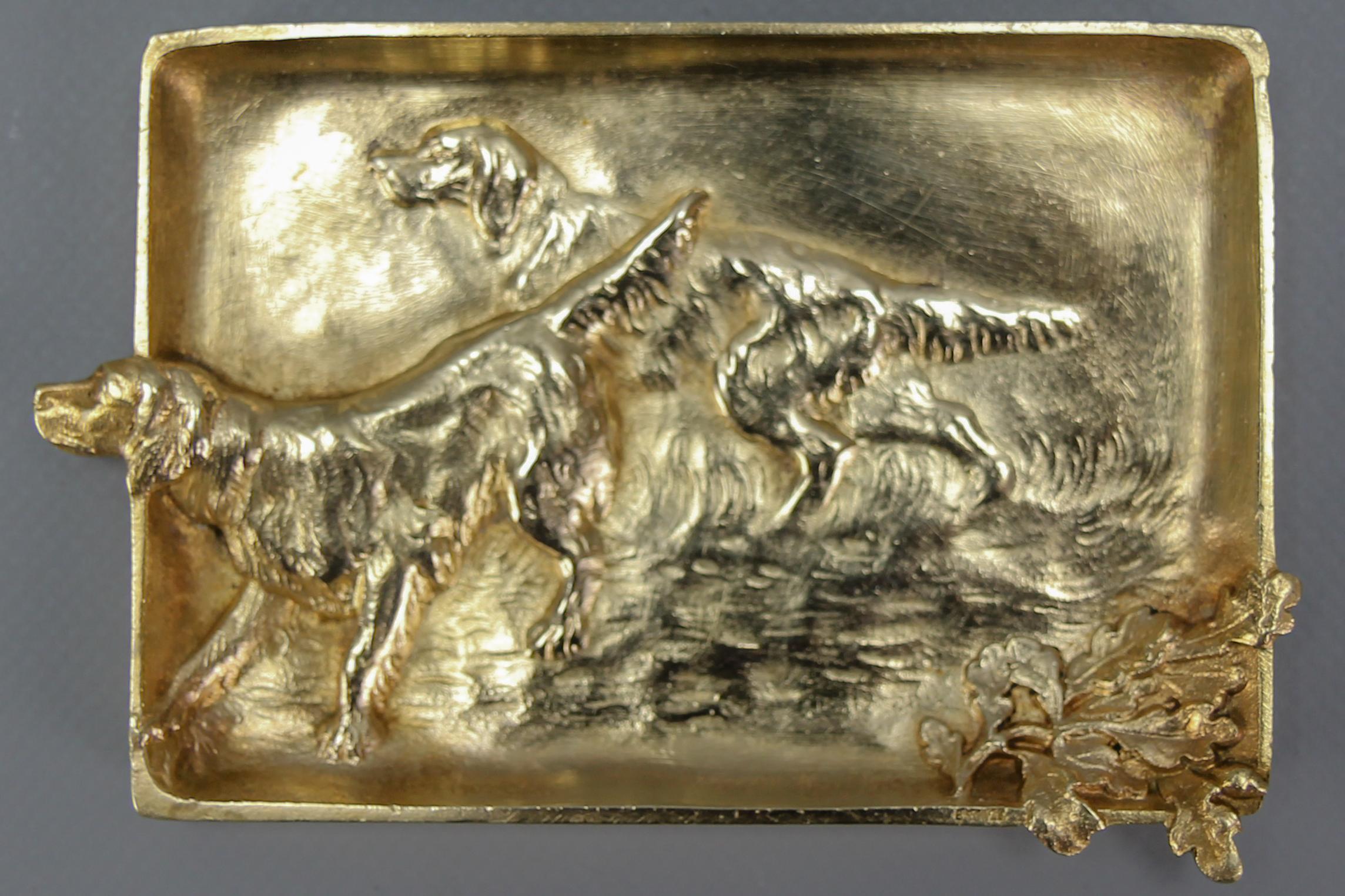 French Bronze Card Tray or Pin Tray, Vide-Poche with Hunting Dogs Irish Setters, circa the 1930s
This adorable card tray or pin tray, Vide - Poche, is made of bronze and features a hunting scene depicting two Irish setters and oak leaves.
Marked