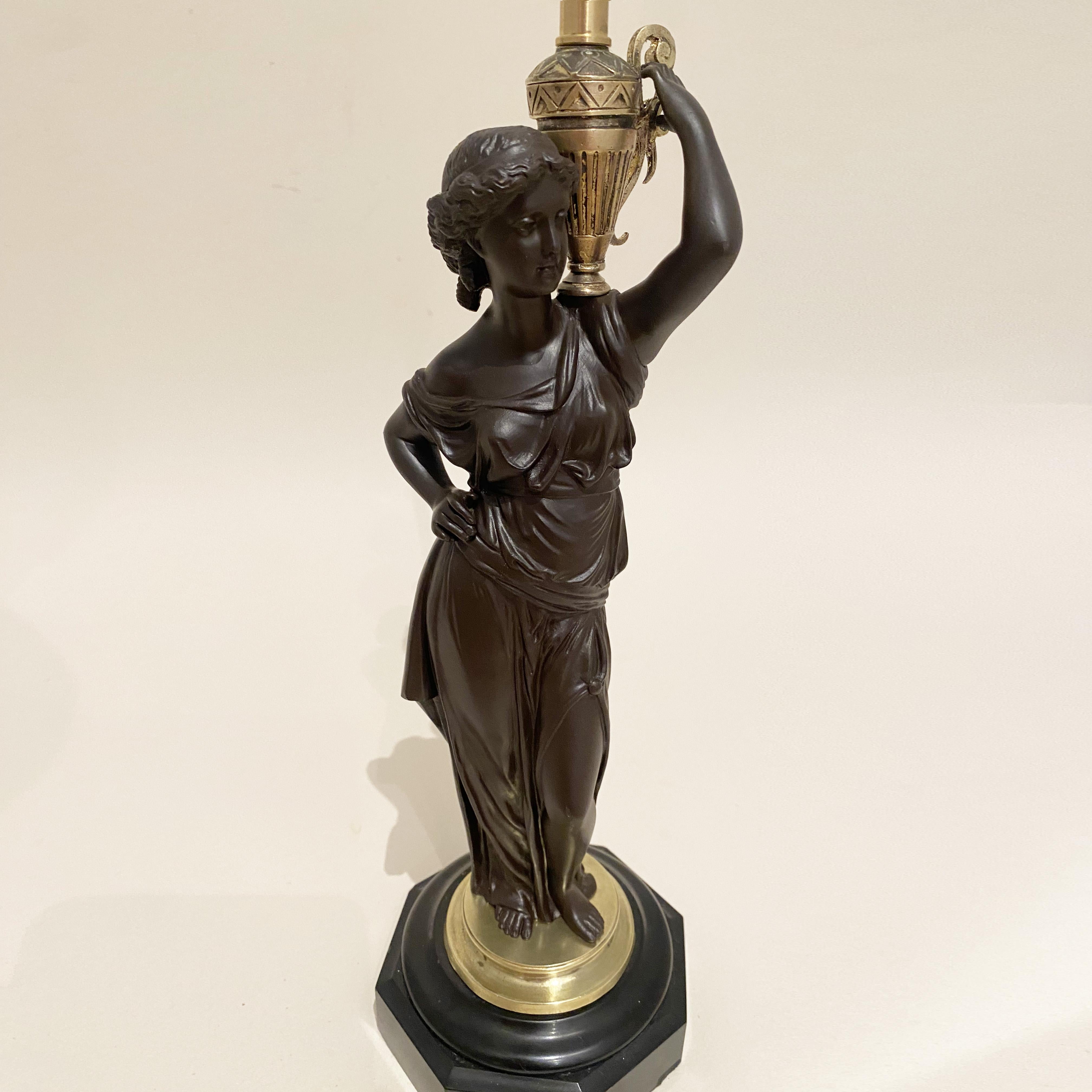 19th Century French Bronze Caryatid Candelabra Lamp, Water carrier woman, XIX century.