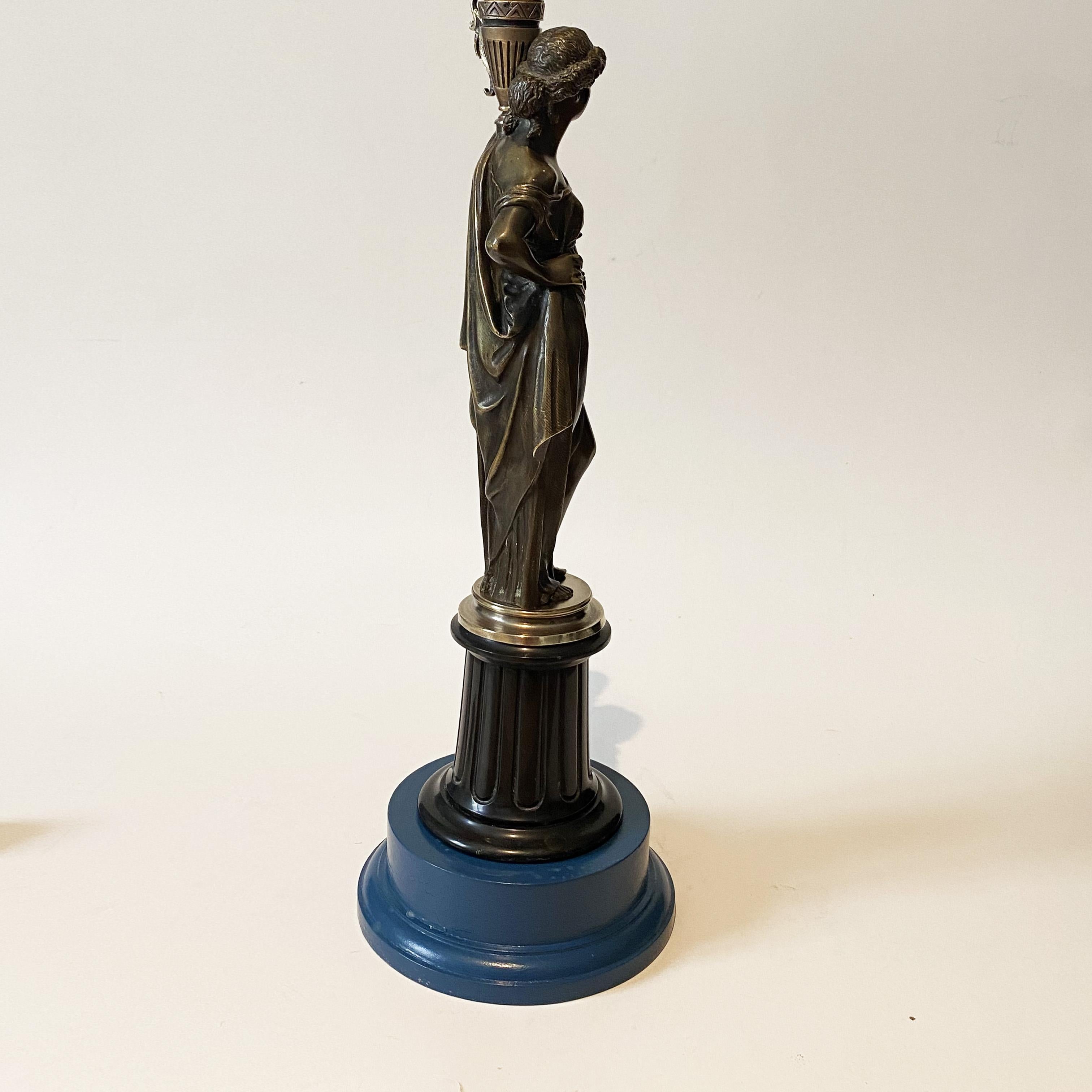French Bronze Caryatid Flare Candelabra Lamp, Water carrier woman, XIX century. For Sale 4