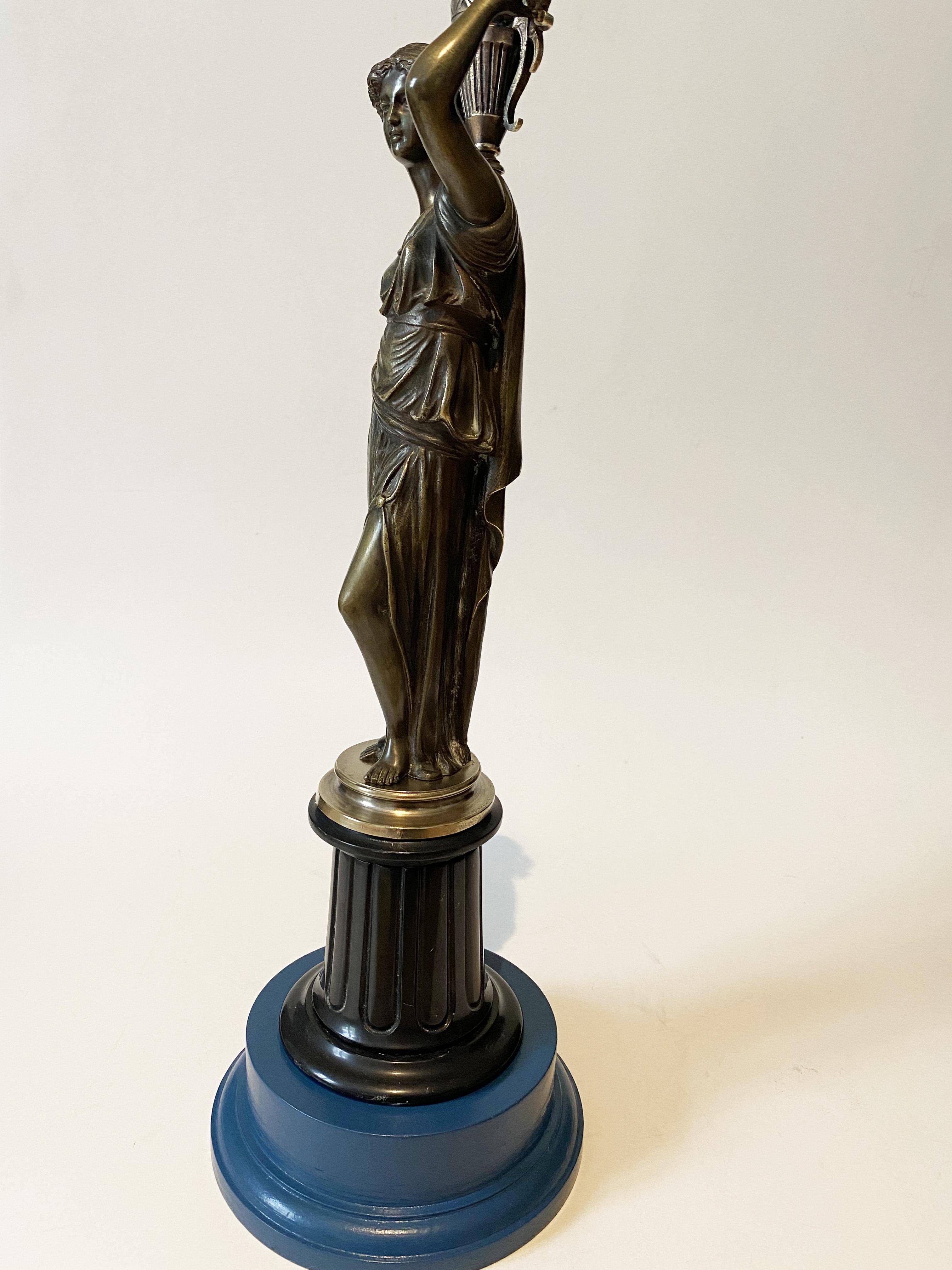 French Bronze Caryatid Flare Candelabra Lamp, Water carrier woman, XIX century. For Sale 9