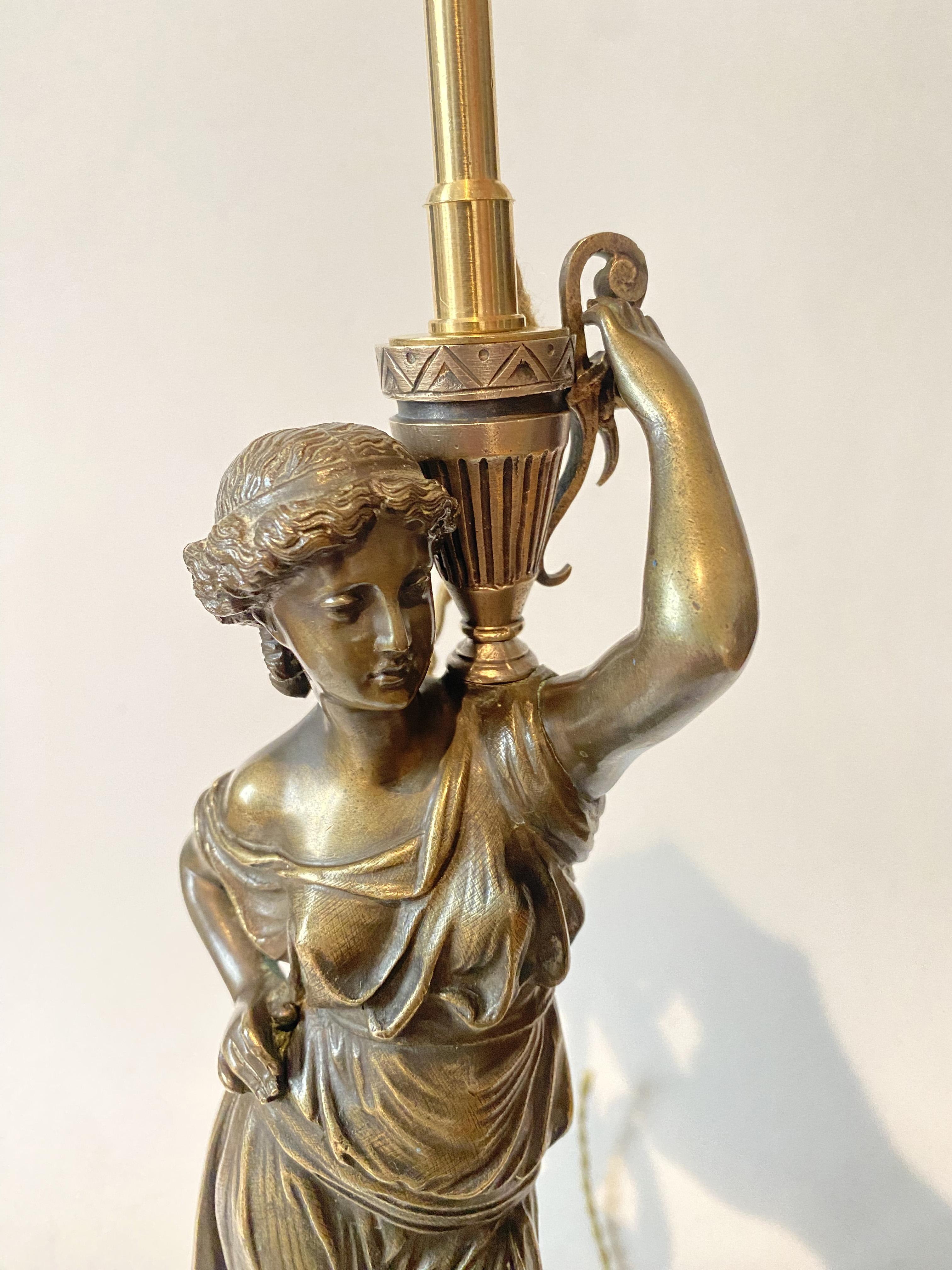 19th Century French Bronze Caryatid Flare Candelabra Lamp, Water carrier woman, XIX century. For Sale