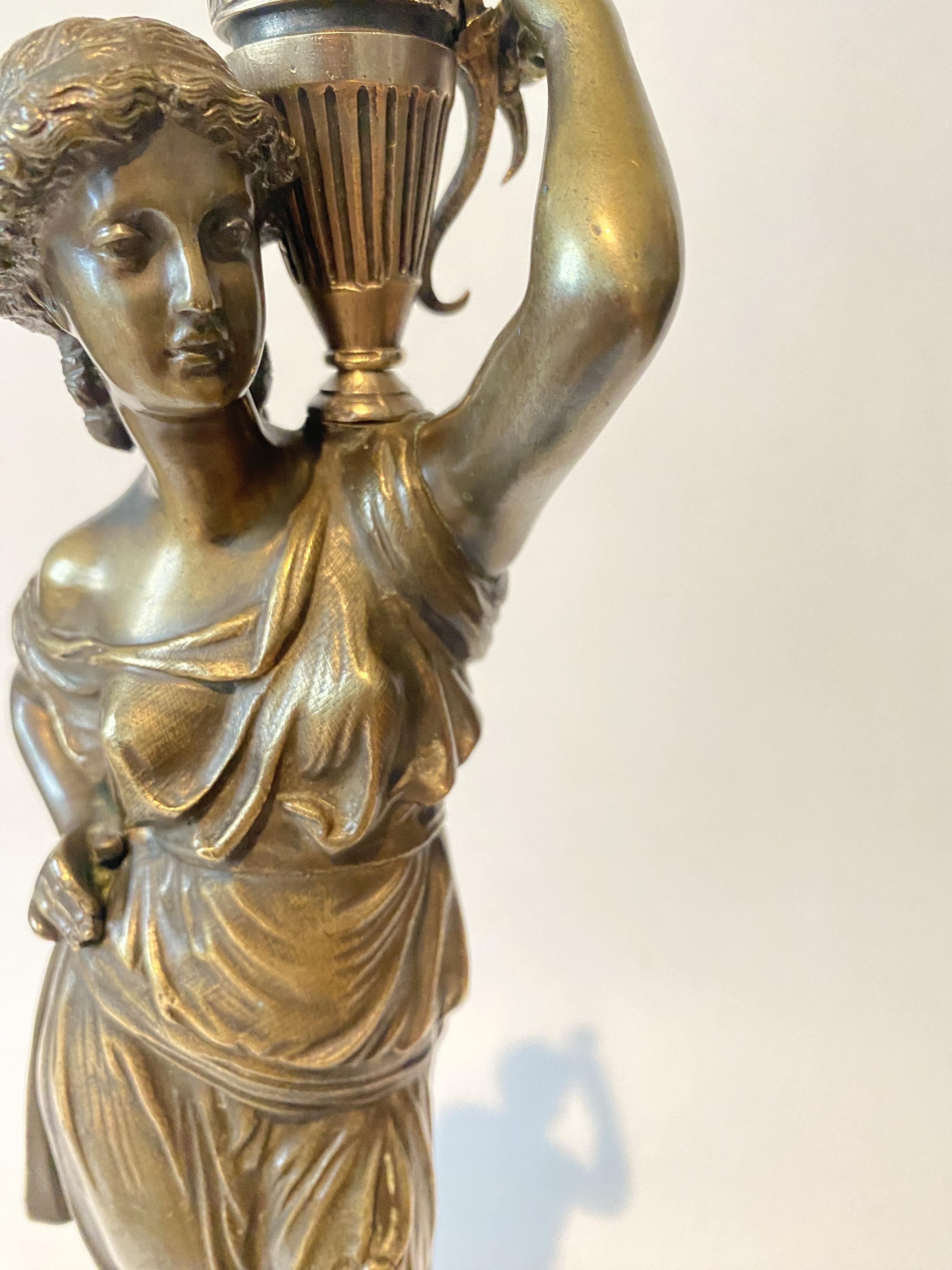 French Bronze Caryatid Flare Candelabra Lamp, Water carrier woman, XIX century. For Sale 1