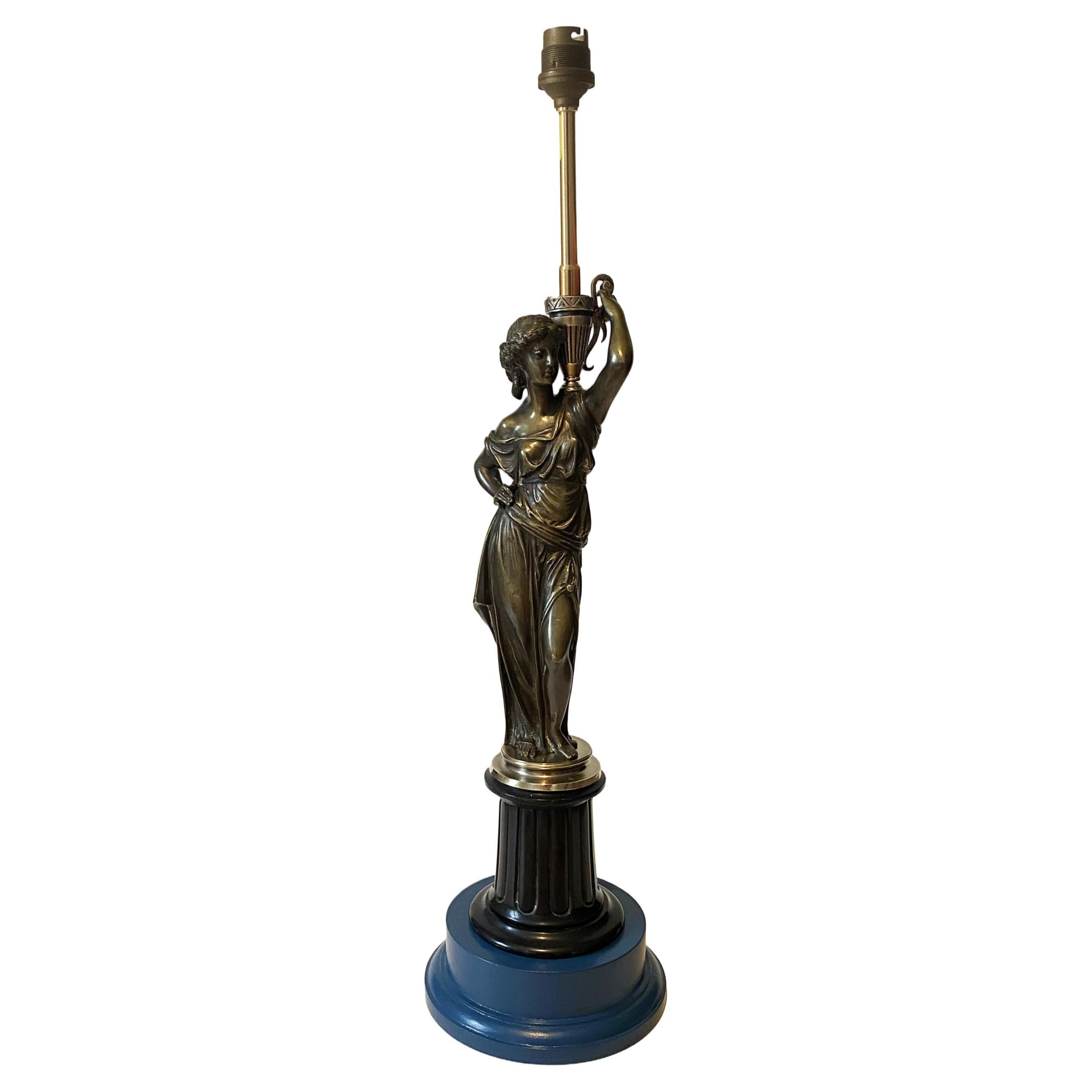French Bronze Caryatid Flare Candelabra Lamp, Water carrier woman, XIX century.