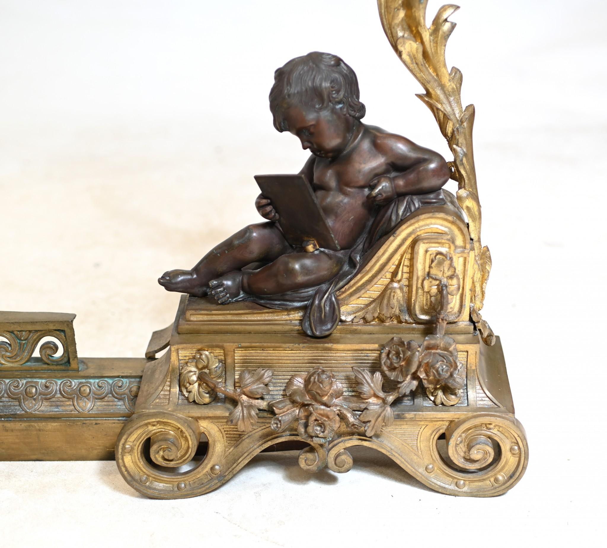 Griglia per caminetto in bronzo francese Chenet Andiron Parcel dorata in vendita 6
