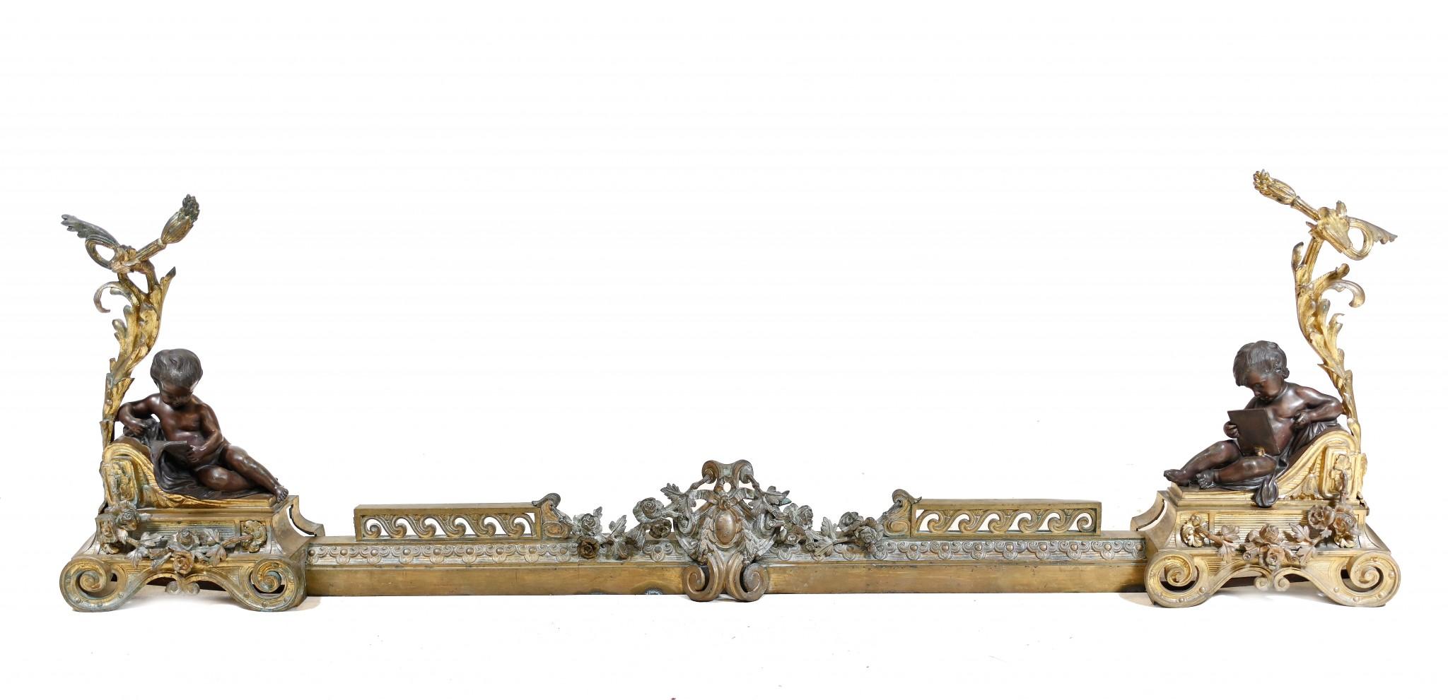 Griglia per caminetto in bronzo francese Chenet Andiron Parcel dorata in vendita 8