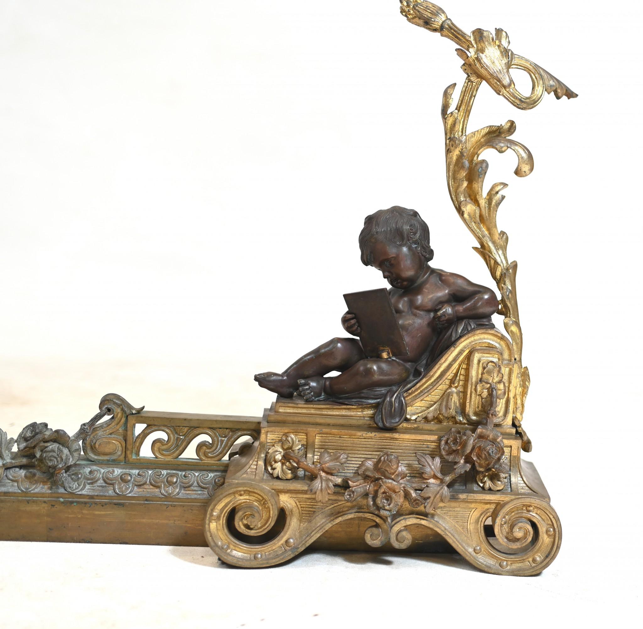 Griglia per caminetto in bronzo francese Chenet Andiron Parcel dorata in vendita 10