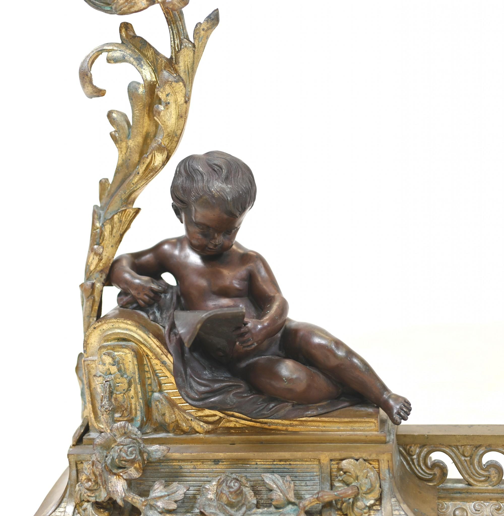 Griglia per caminetto in bronzo francese Chenet Andiron Parcel dorata in vendita 11