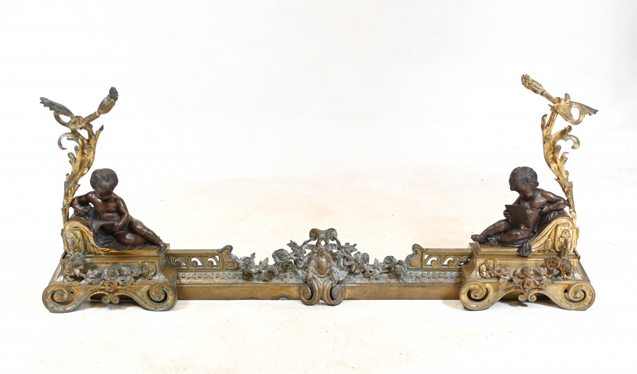 Griglia per caminetto in bronzo francese Chenet Andiron Parcel dorata in vendita 12