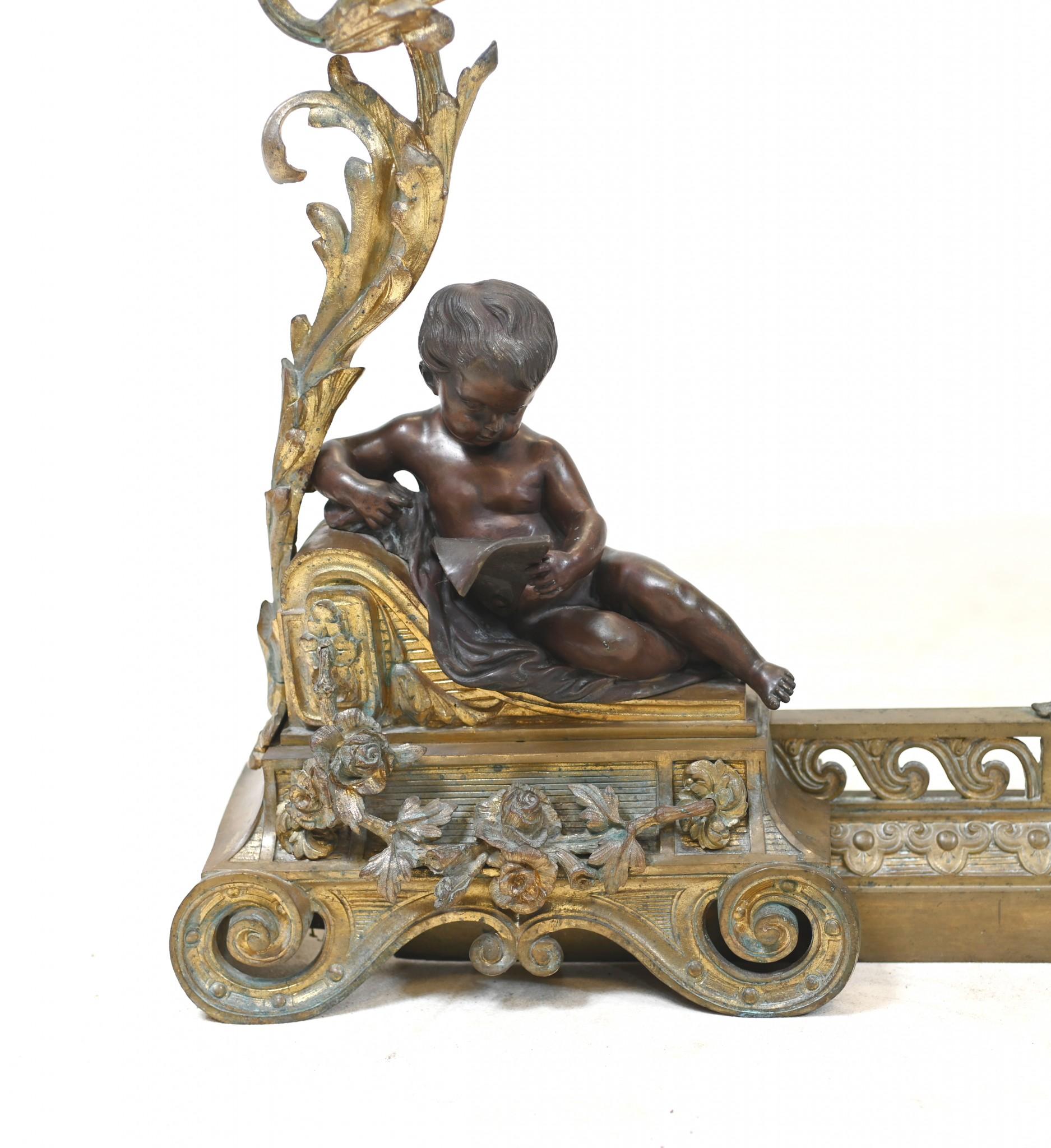 Griglia per caminetto in bronzo francese Chenet Andiron Parcel dorata in vendita 13