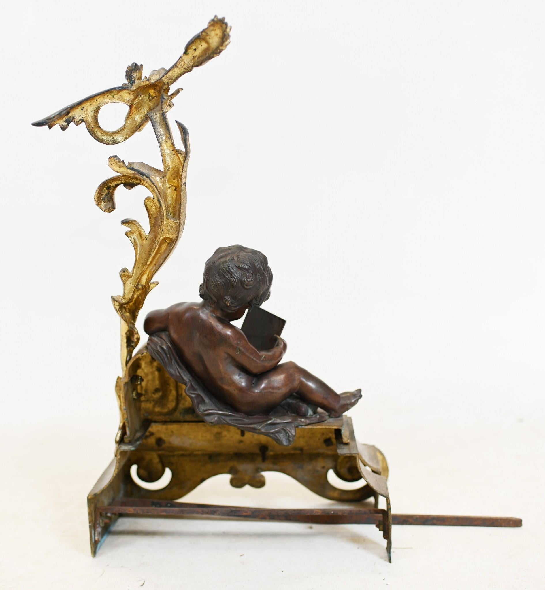 Griglia per caminetto in bronzo francese Chenet Andiron Parcel dorata in vendita 1