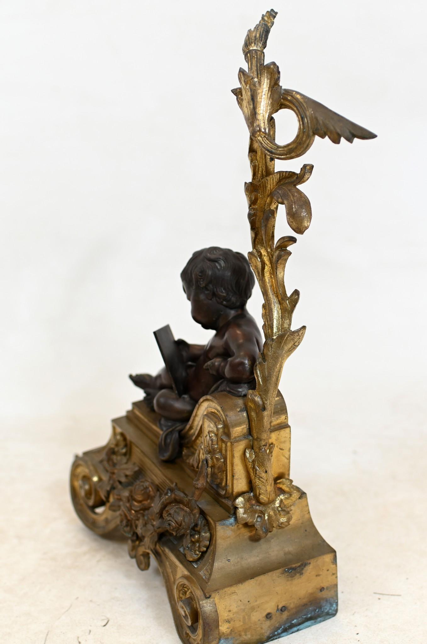 Griglia per caminetto in bronzo francese Chenet Andiron Parcel dorata in vendita 2