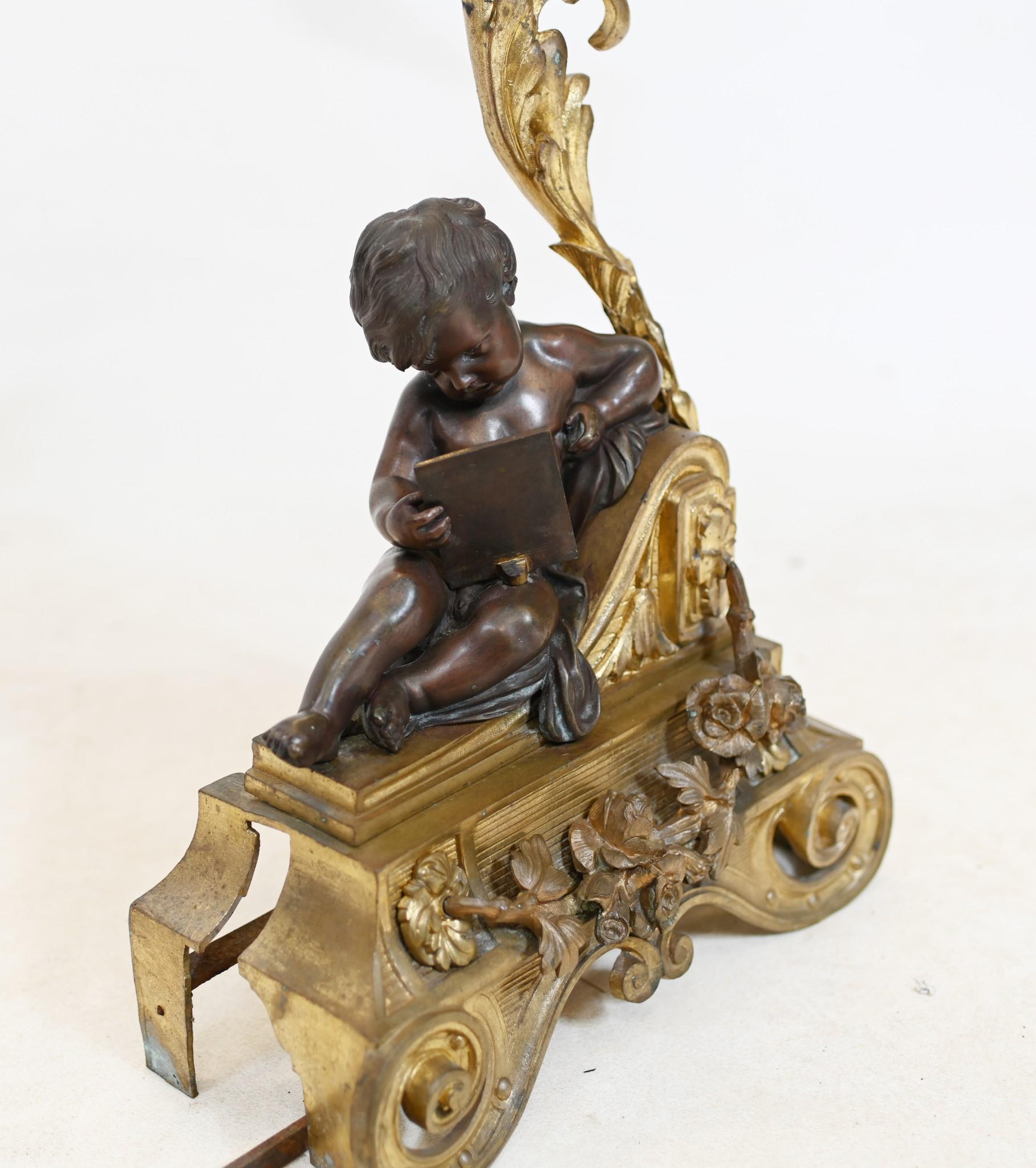 Griglia per caminetto in bronzo francese Chenet Andiron Parcel dorata in vendita 4