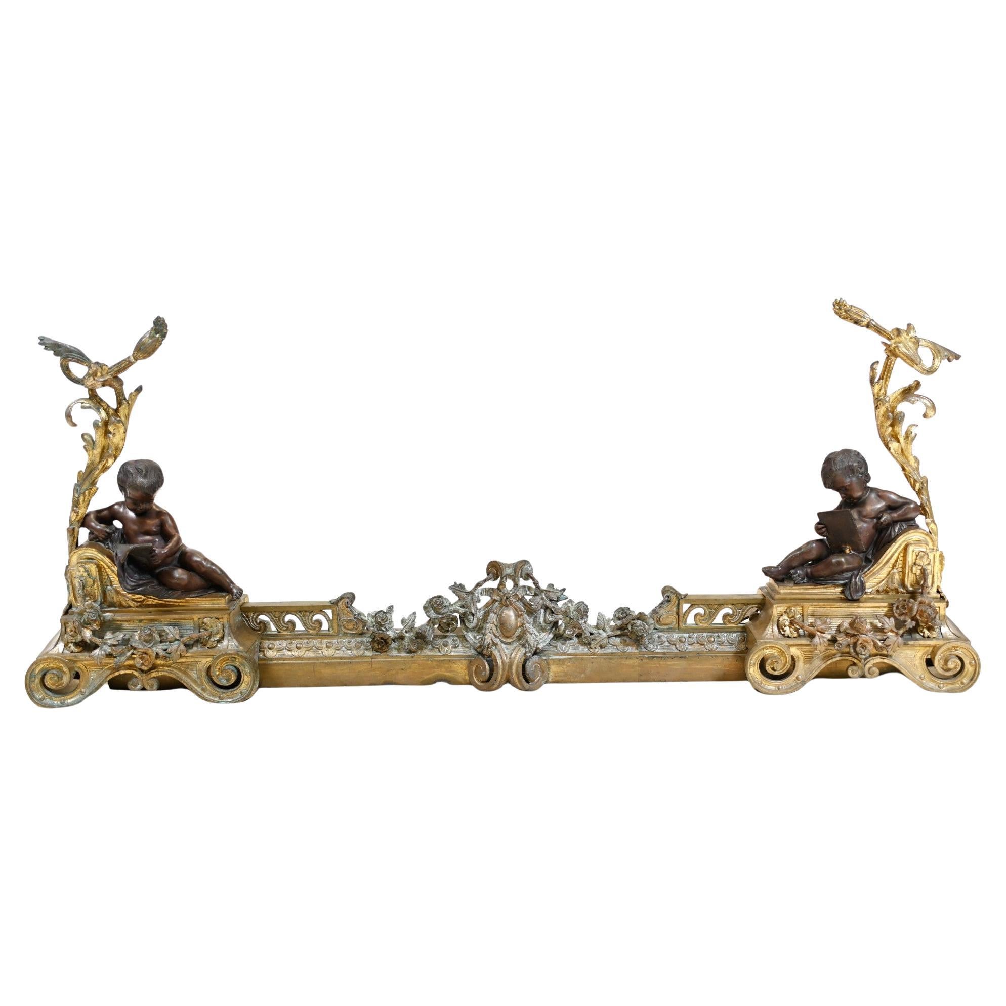 Parrilla de Bronce Francesa Chenet Andiron Parcela Querubín Dorado