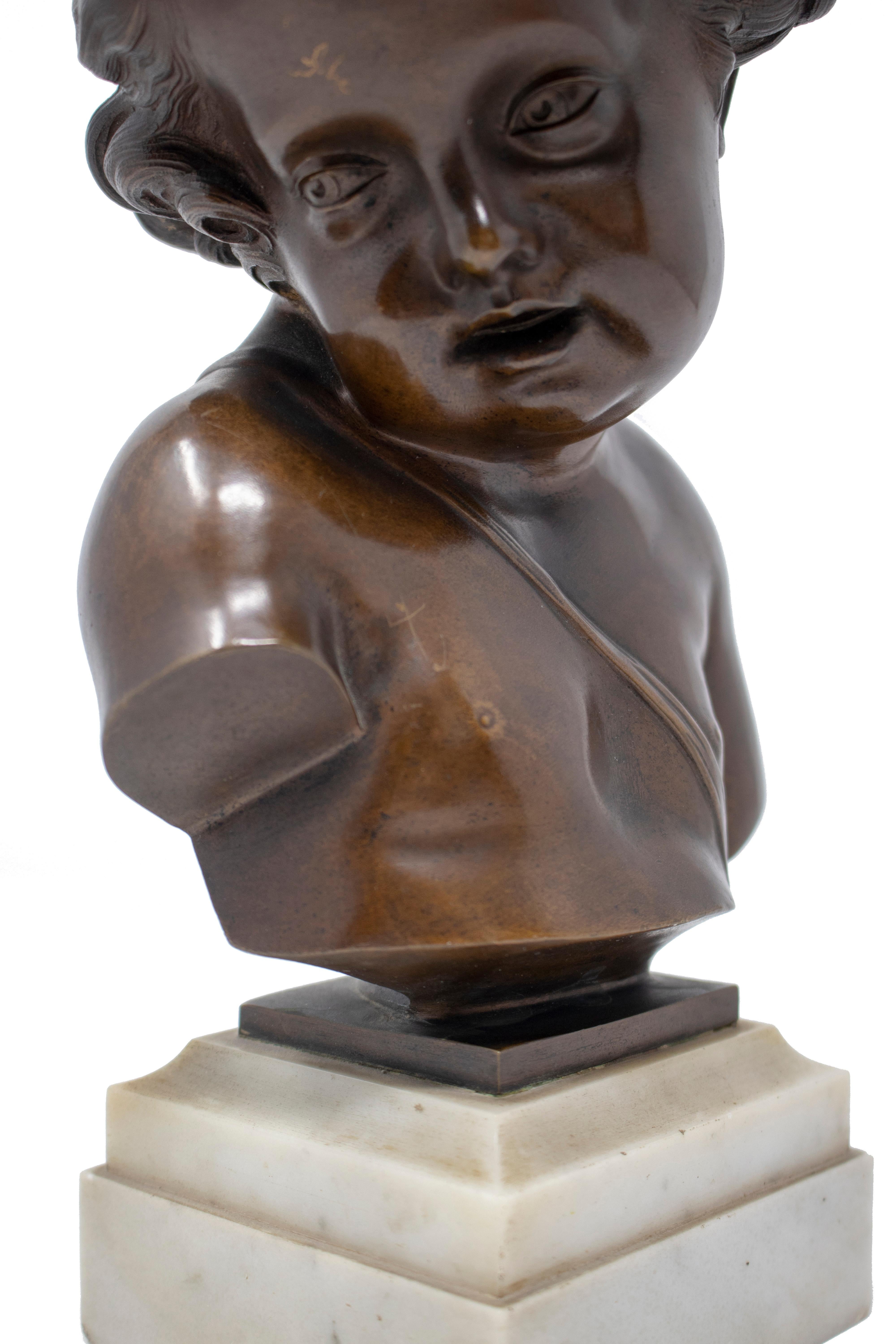 French Bronze Cherub Bust Figure with Marble Base For Sale 7