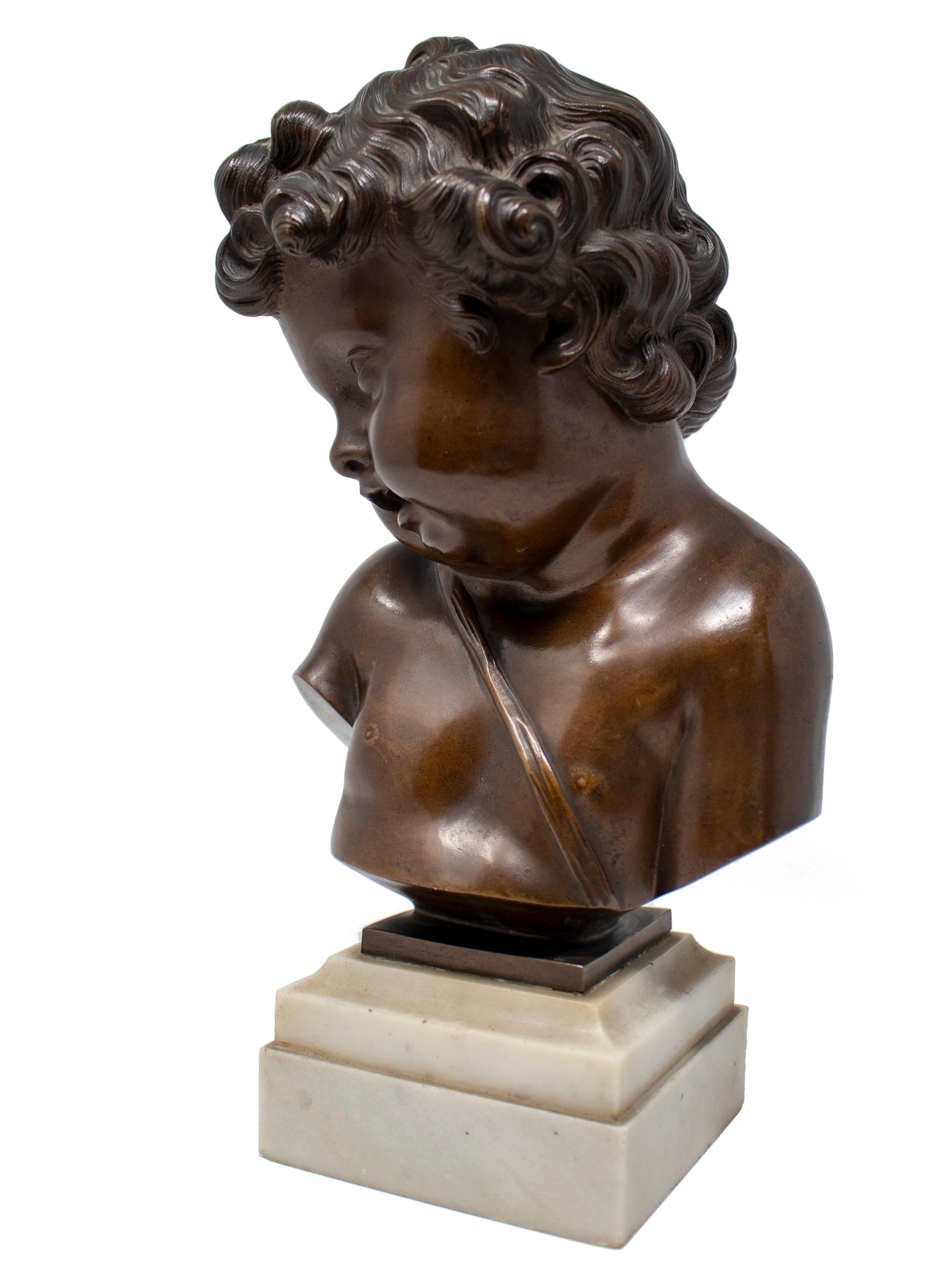 French bronze cherub bust figure with marble base.