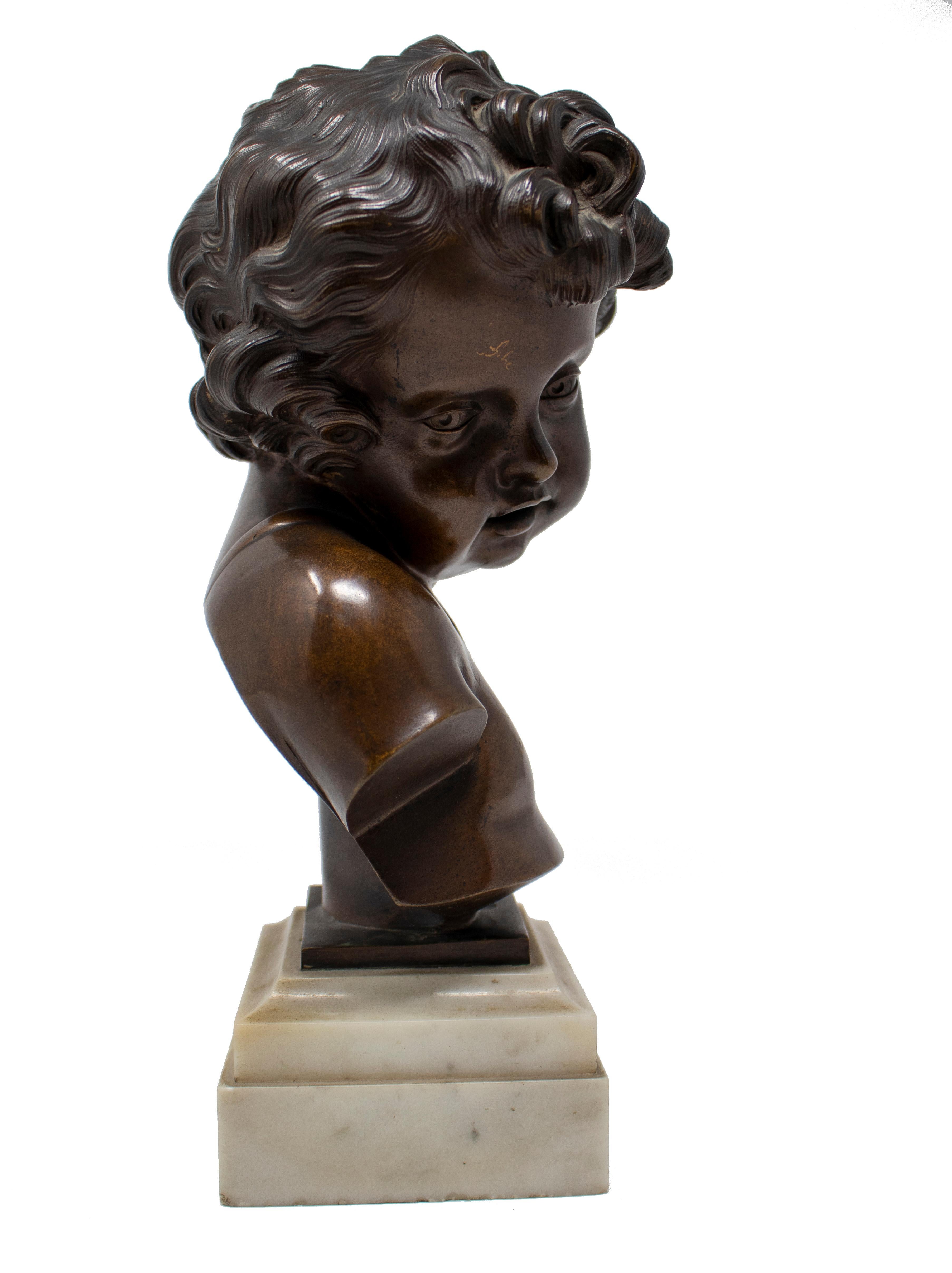 French Bronze Cherub Bust Figure with Marble Base For Sale 3