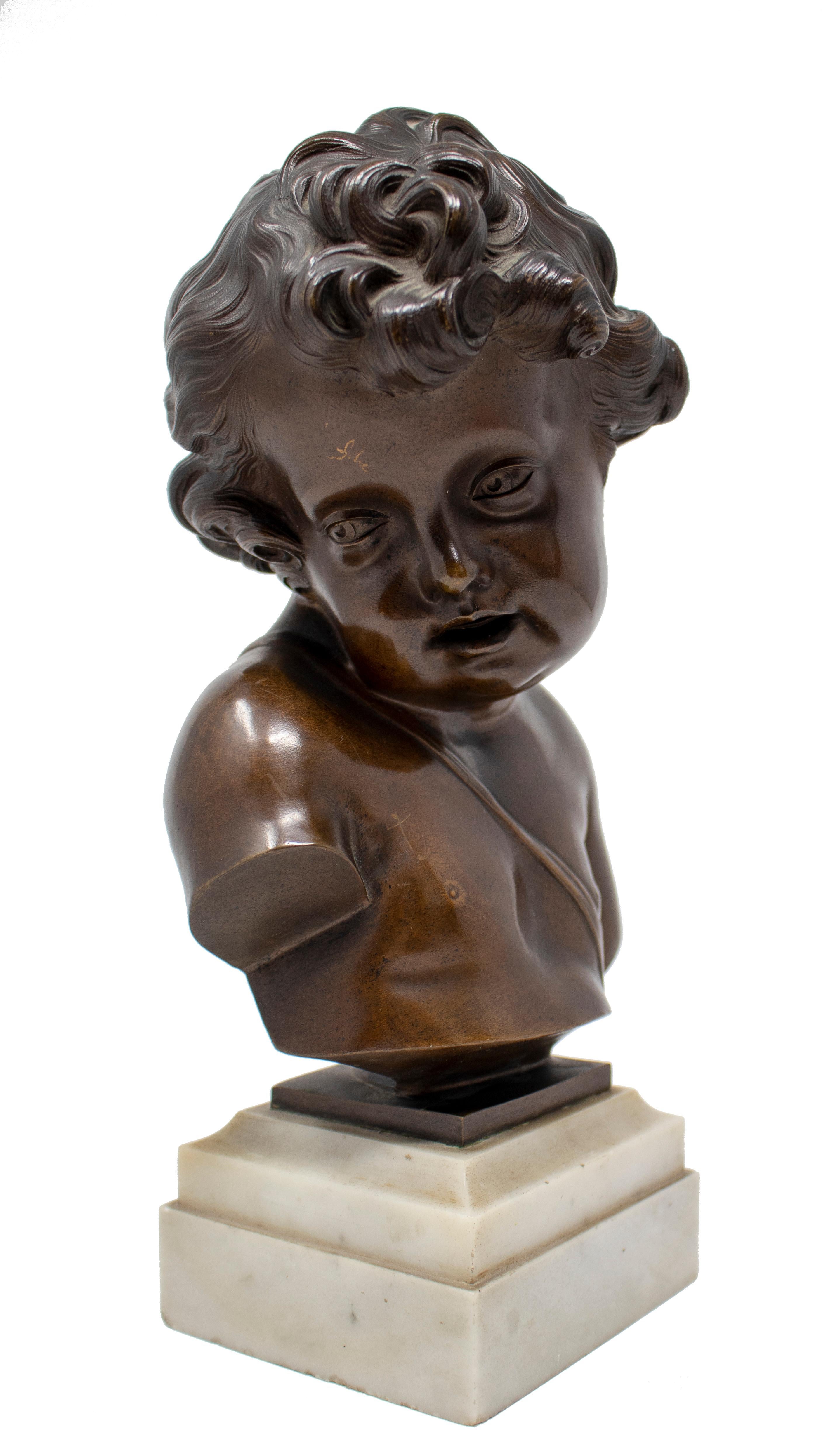French Bronze Cherub Bust Figure with Marble Base For Sale 4