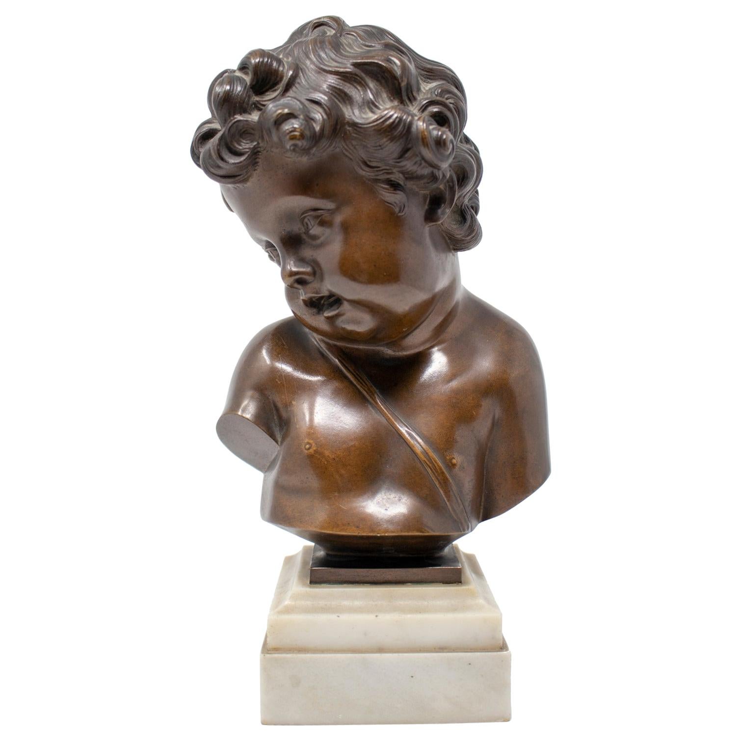 French Bronze Cherub Bust Figure with Marble Base