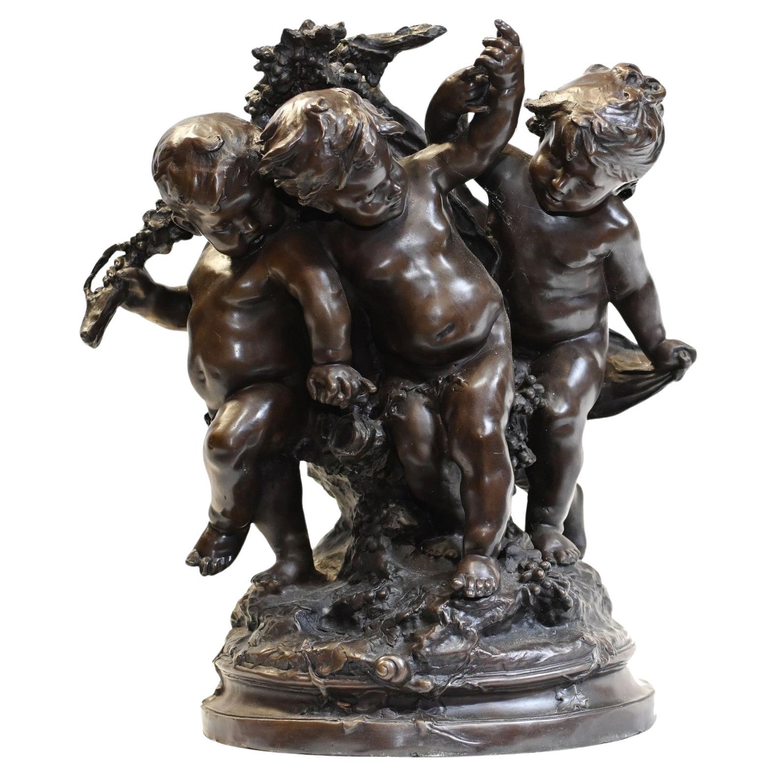 French Bronze Cherub Casting H. Moreau Grape Harvest Statue For Sale