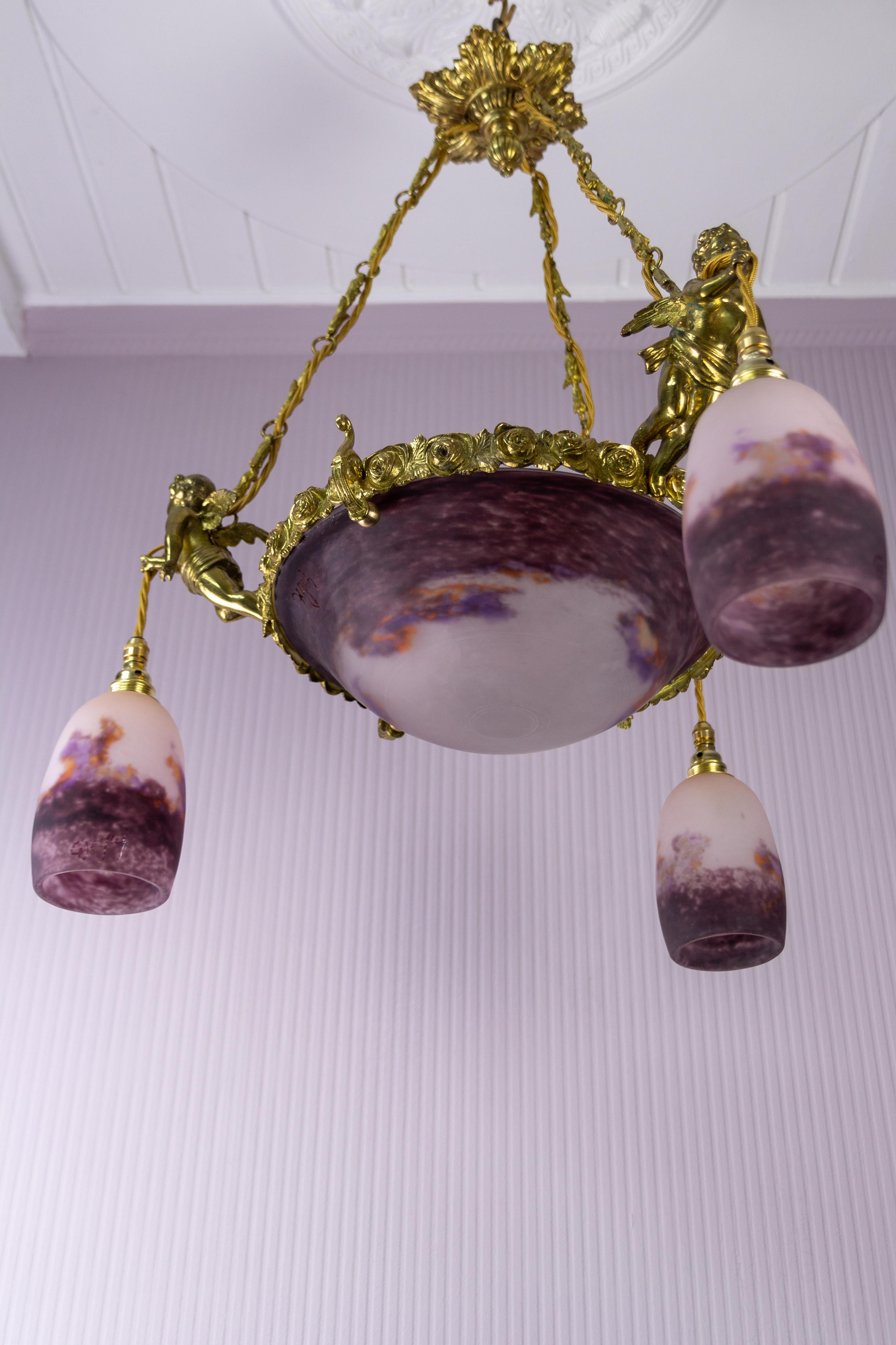 French Bronze Cherub Chandelier with Violet and White Glass Signed by Degué 6