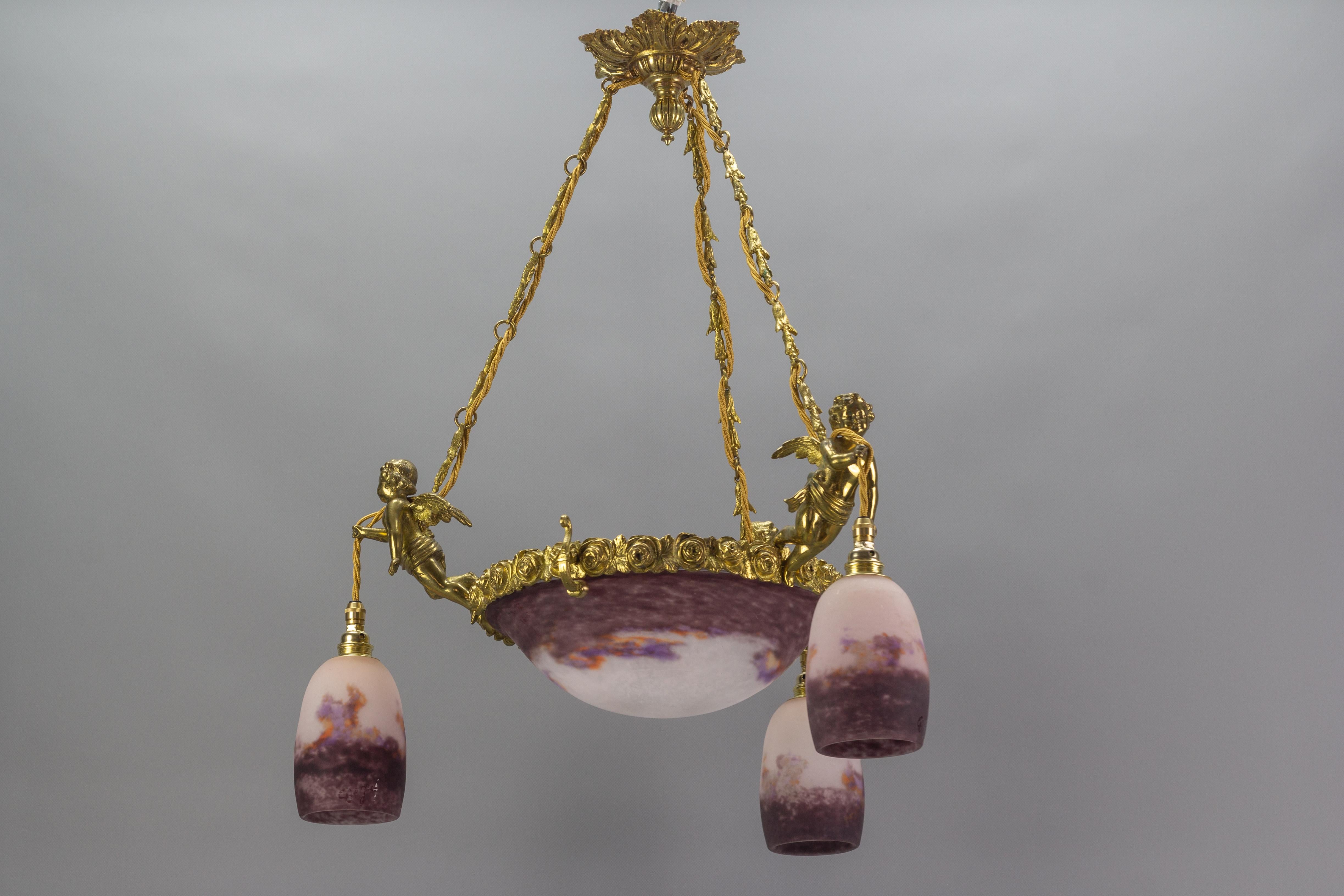 Art Nouveau French Bronze Cherub Chandelier with Violet and White Glass Signed by Degué