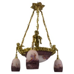 French Bronze Cherub Chandelier with Violet and White Glass Signed by Degué