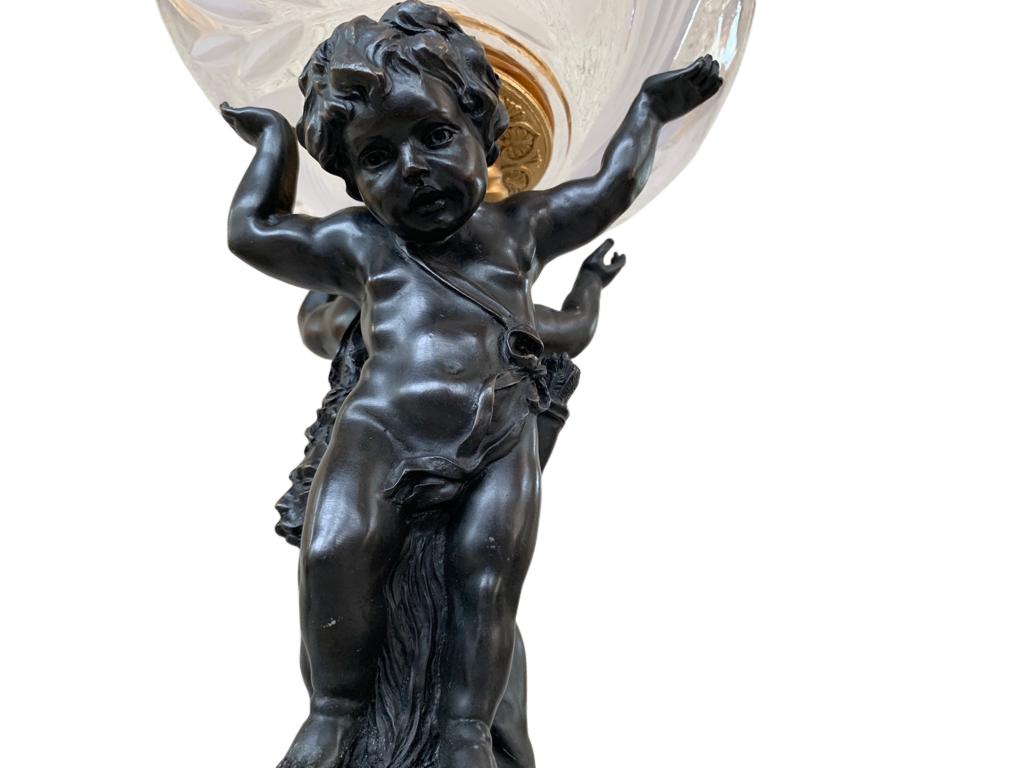 A French bronze cherub ormolu dish stand figurine Tazza, 20th century.
Wonderful French empire style bronze cherub dish. Classic Empire look with the black bronze cherubs and ormolu fixtures. Cut glass bowl is very intricate. Offered in excellent
