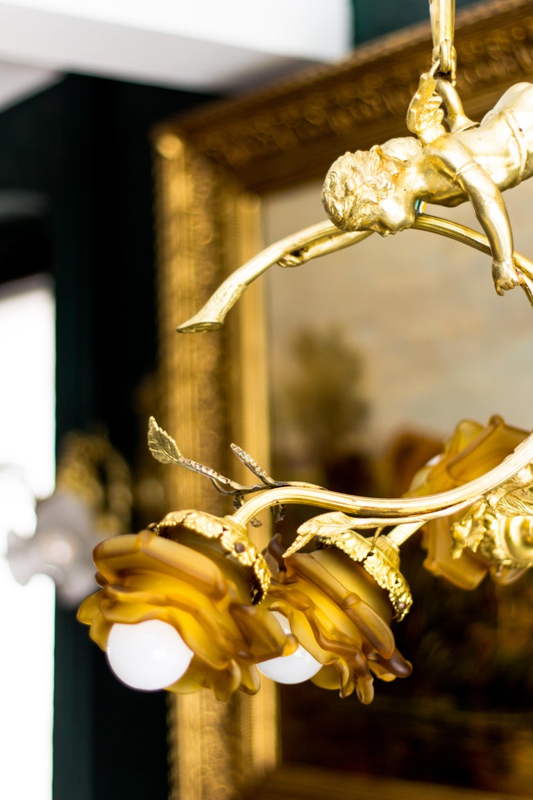French Bronze Cherub Three-Light Chandelier, 1930s For Sale at 1stdibs