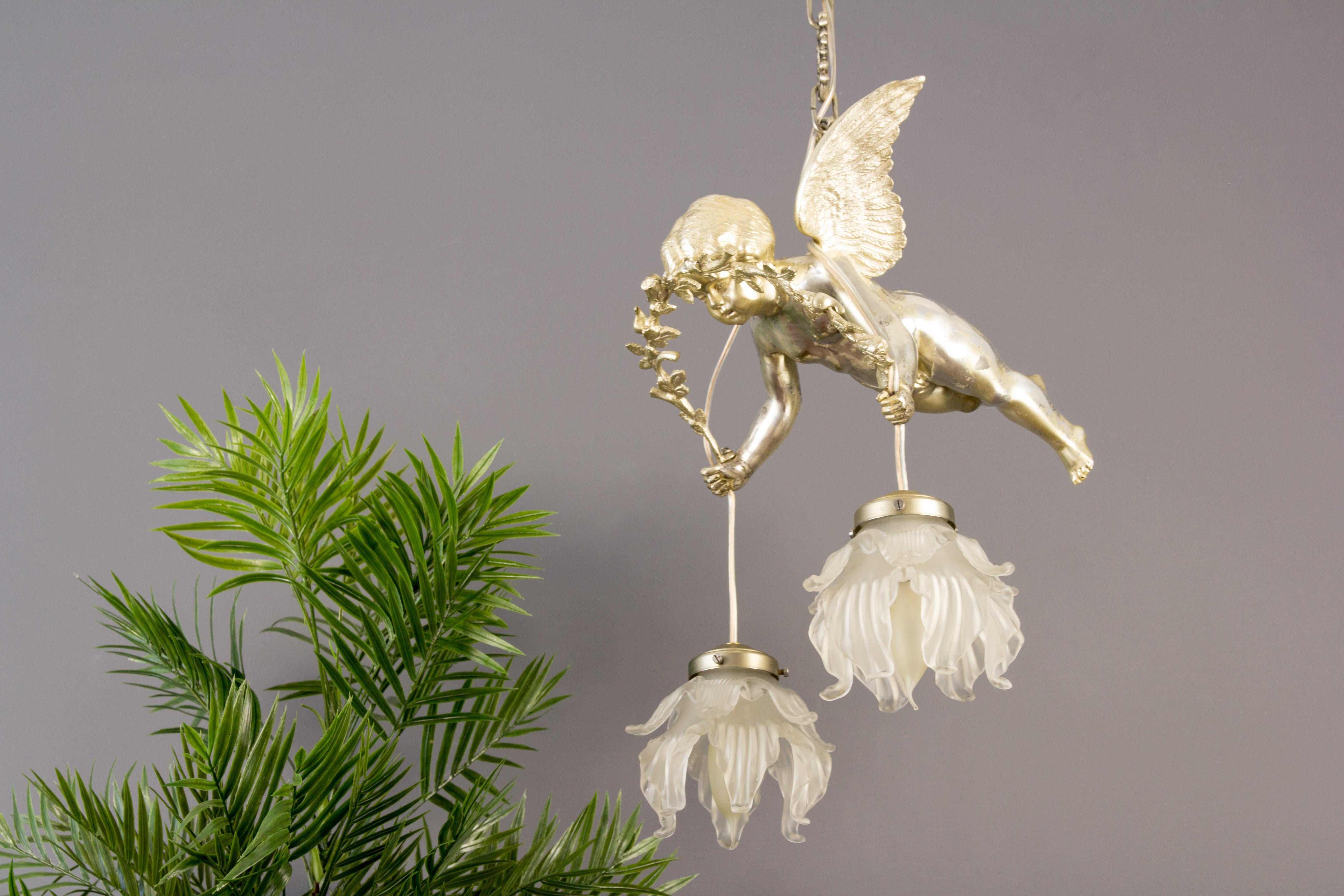 Glass French Silver Color Bronze Cherub Two-Light Ceiling Light Fixture, 1920s