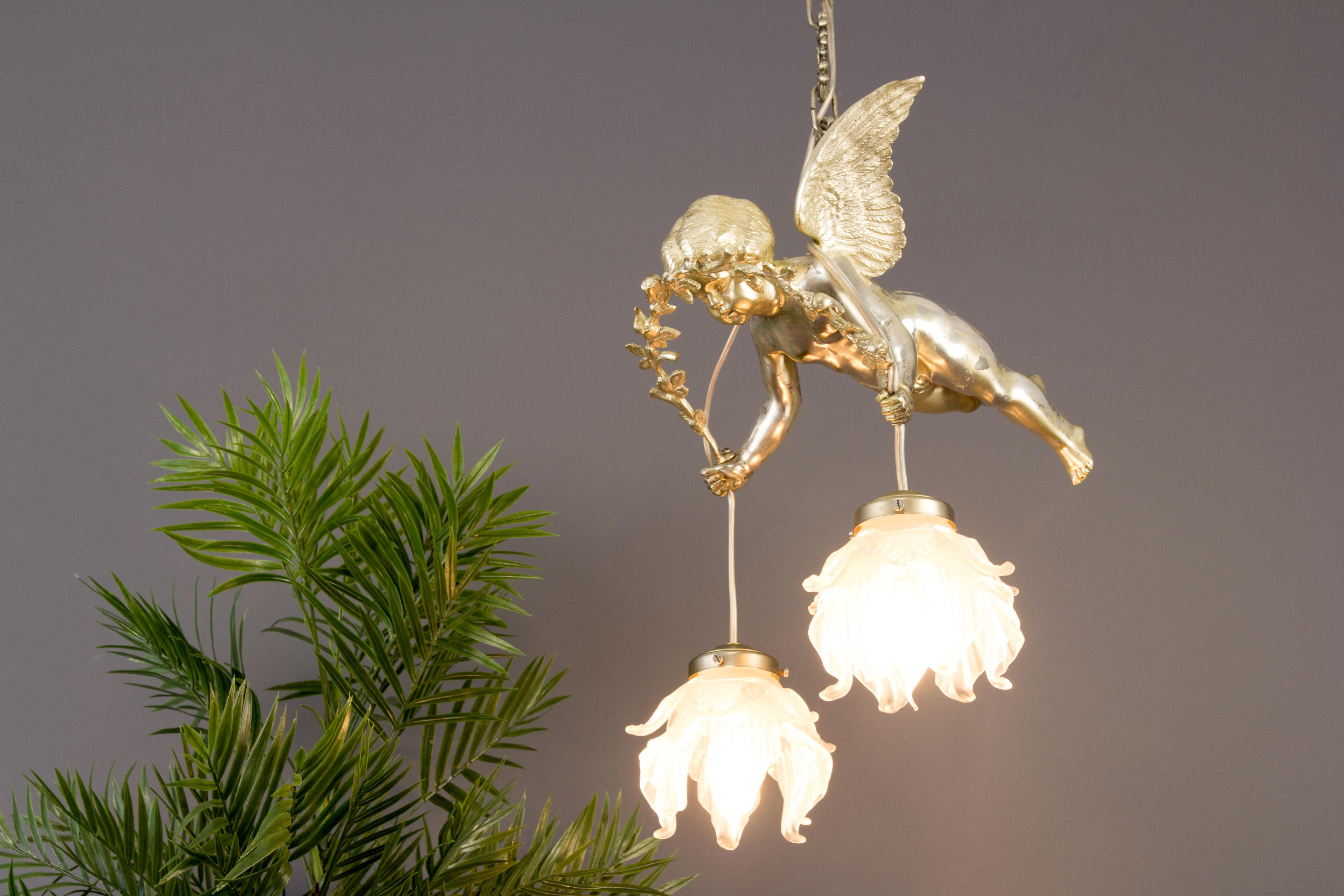 French Silver Color Bronze Cherub Two-Light Ceiling Light Fixture, 1920s 2