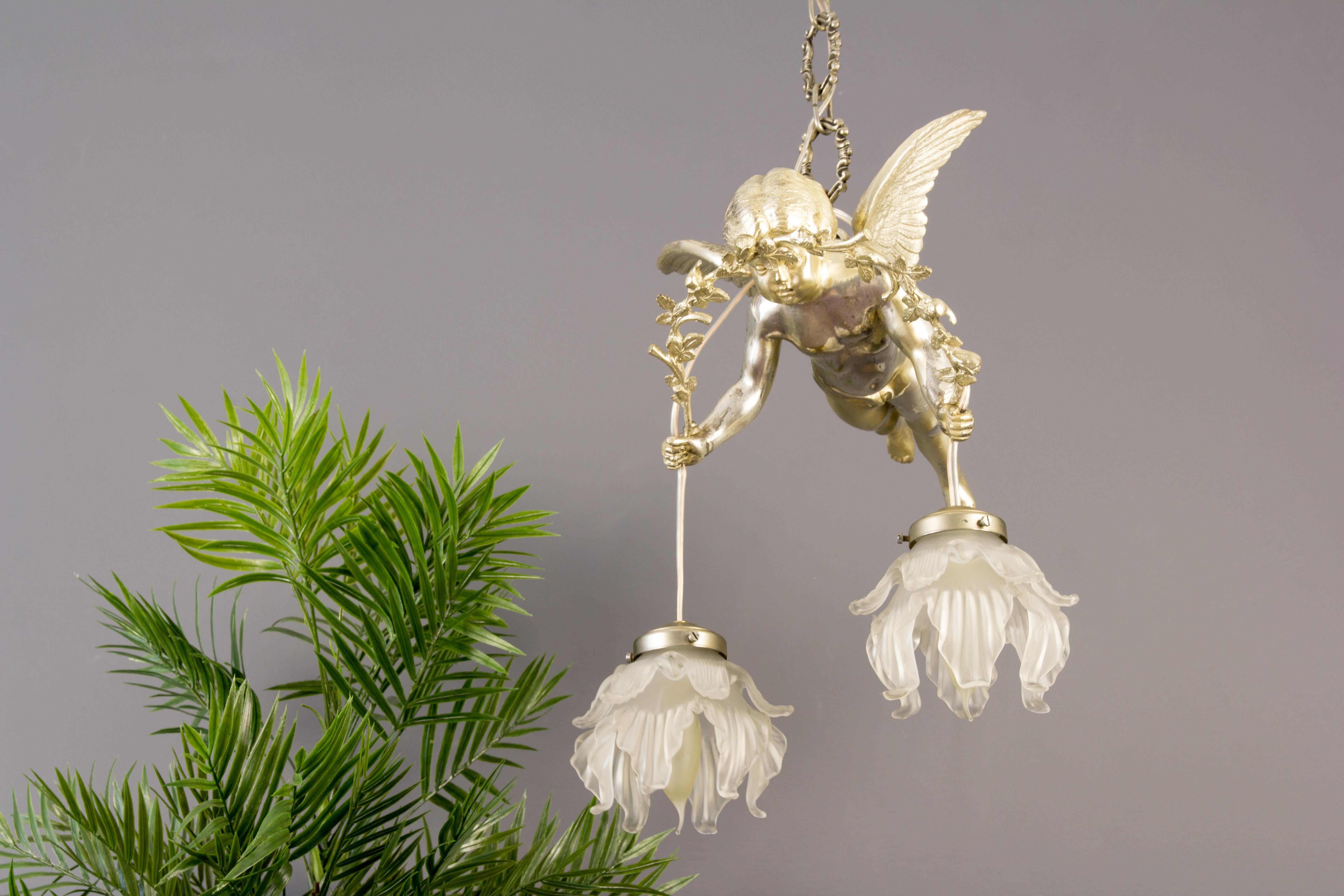 French Silver Color Bronze Cherub Two-Light Ceiling Light Fixture, 1920s 3