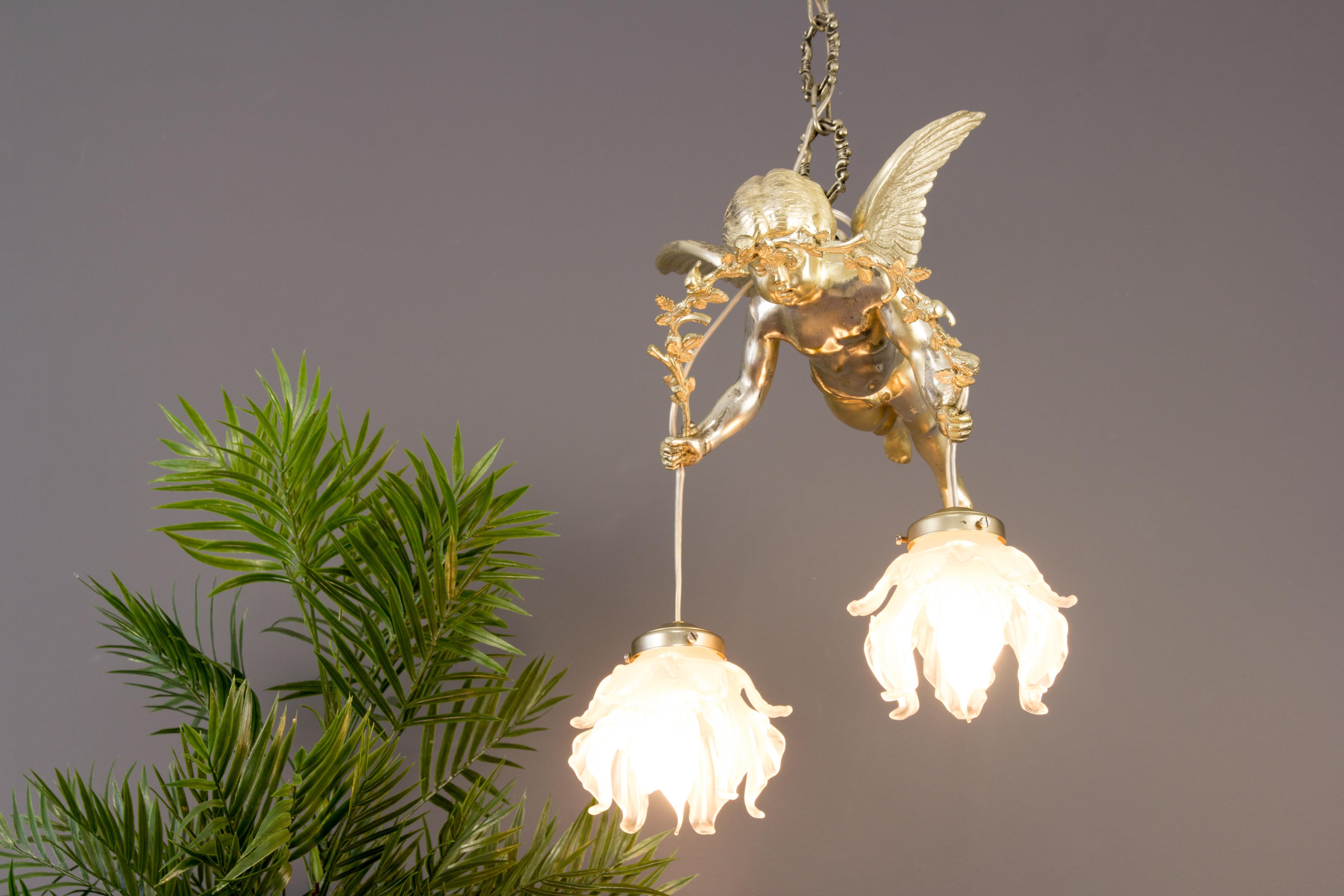 French Silver Color Bronze Cherub Two-Light Ceiling Light Fixture, 1920s 3