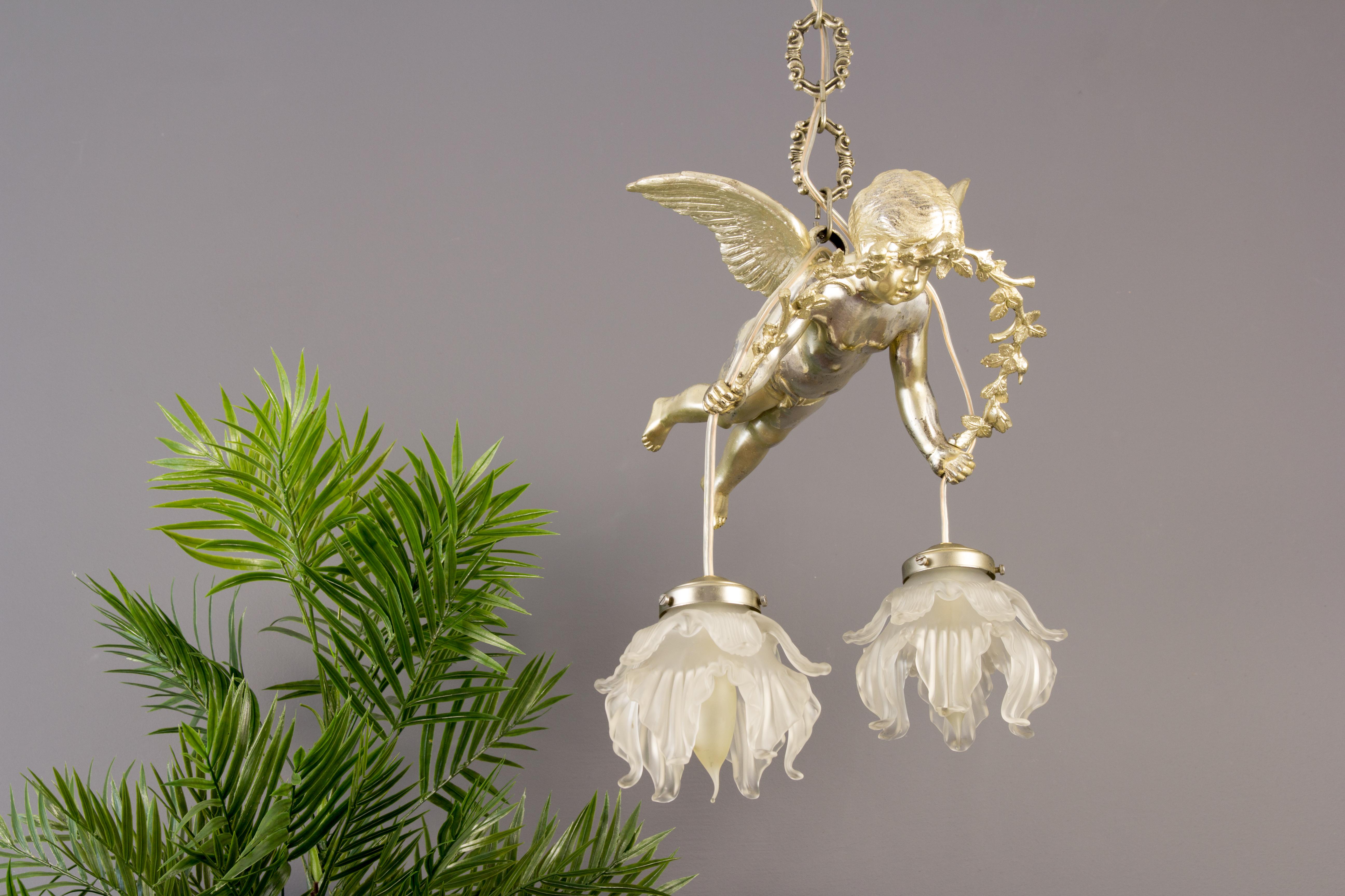 French Silver Color Bronze Cherub Two-Light Ceiling Light Fixture, 1920s 4