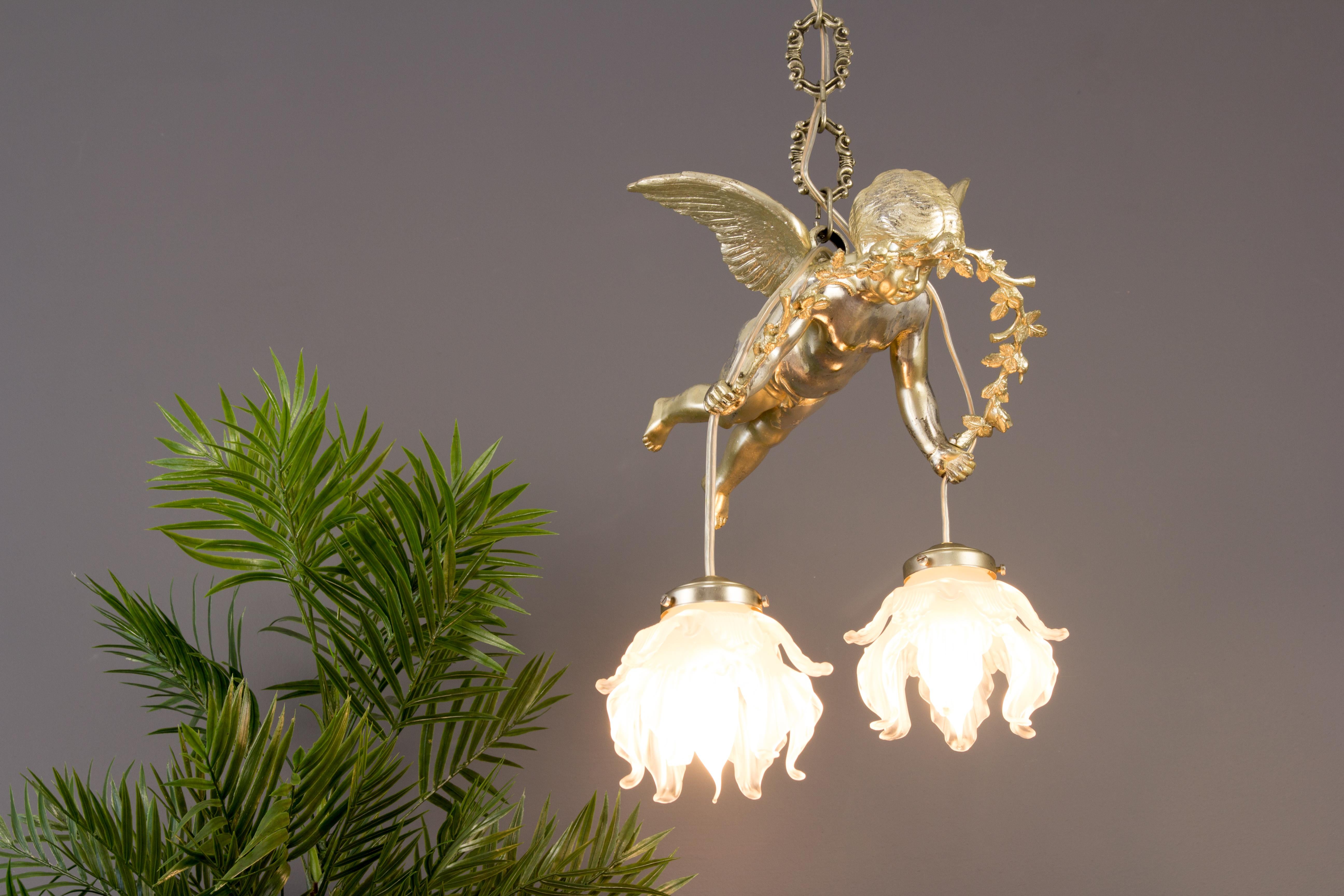 French Silver Color Bronze Cherub Two-Light Ceiling Light Fixture, 1920s 5