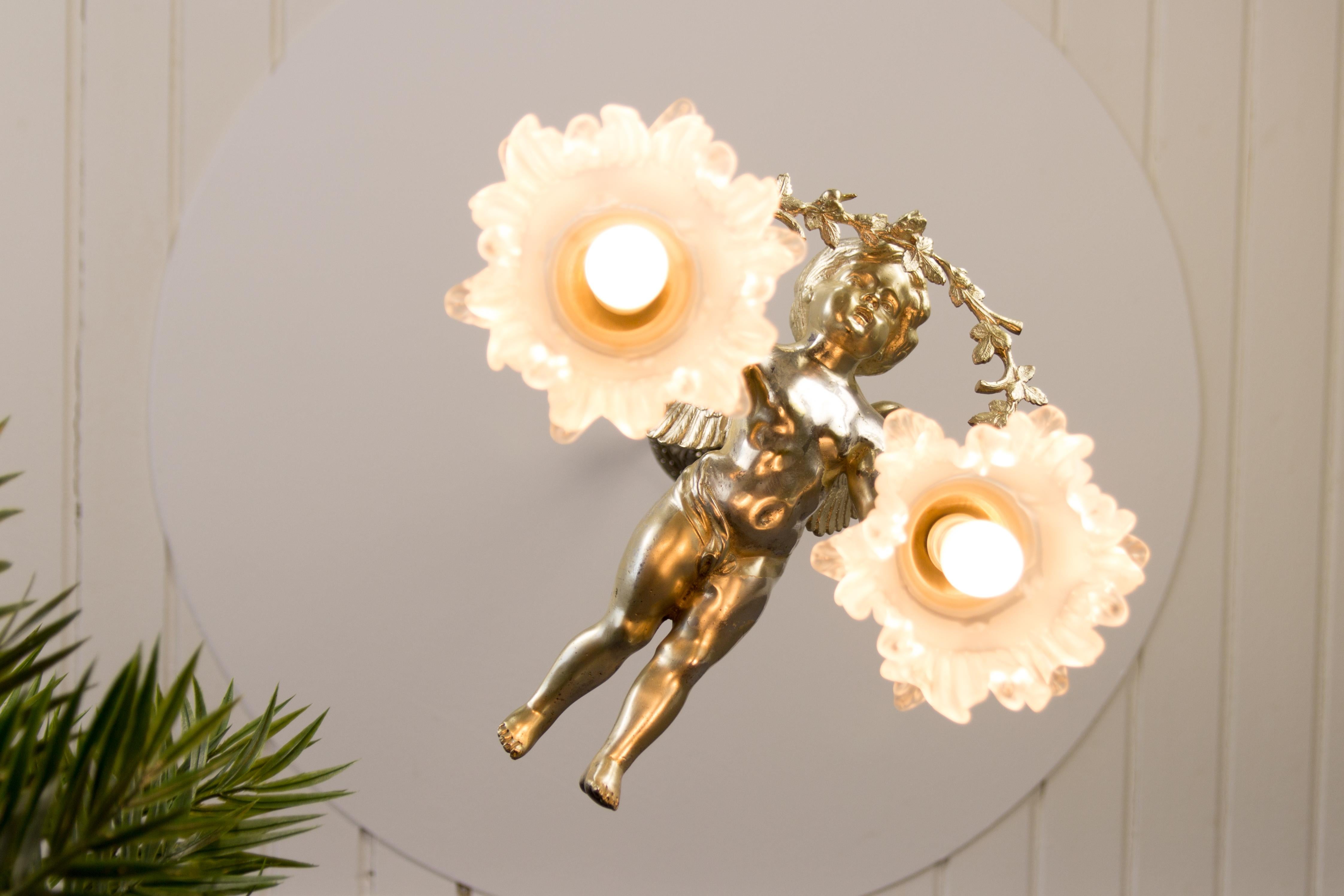 French Silver Color Bronze Cherub Two-Light Ceiling Light Fixture, 1920s 6