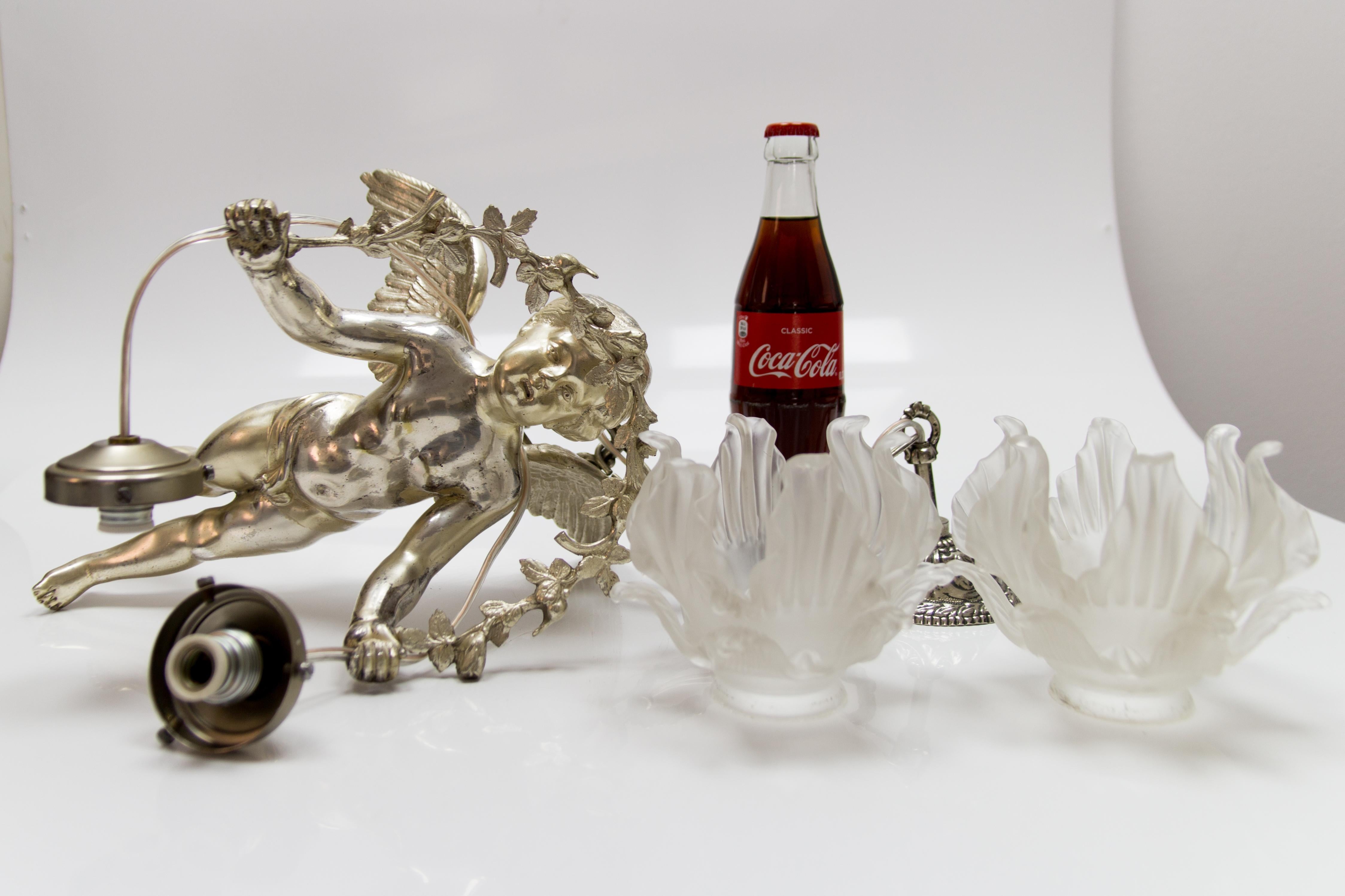 French Silver Color Bronze Cherub Two-Light Ceiling Light Fixture, 1920s 8