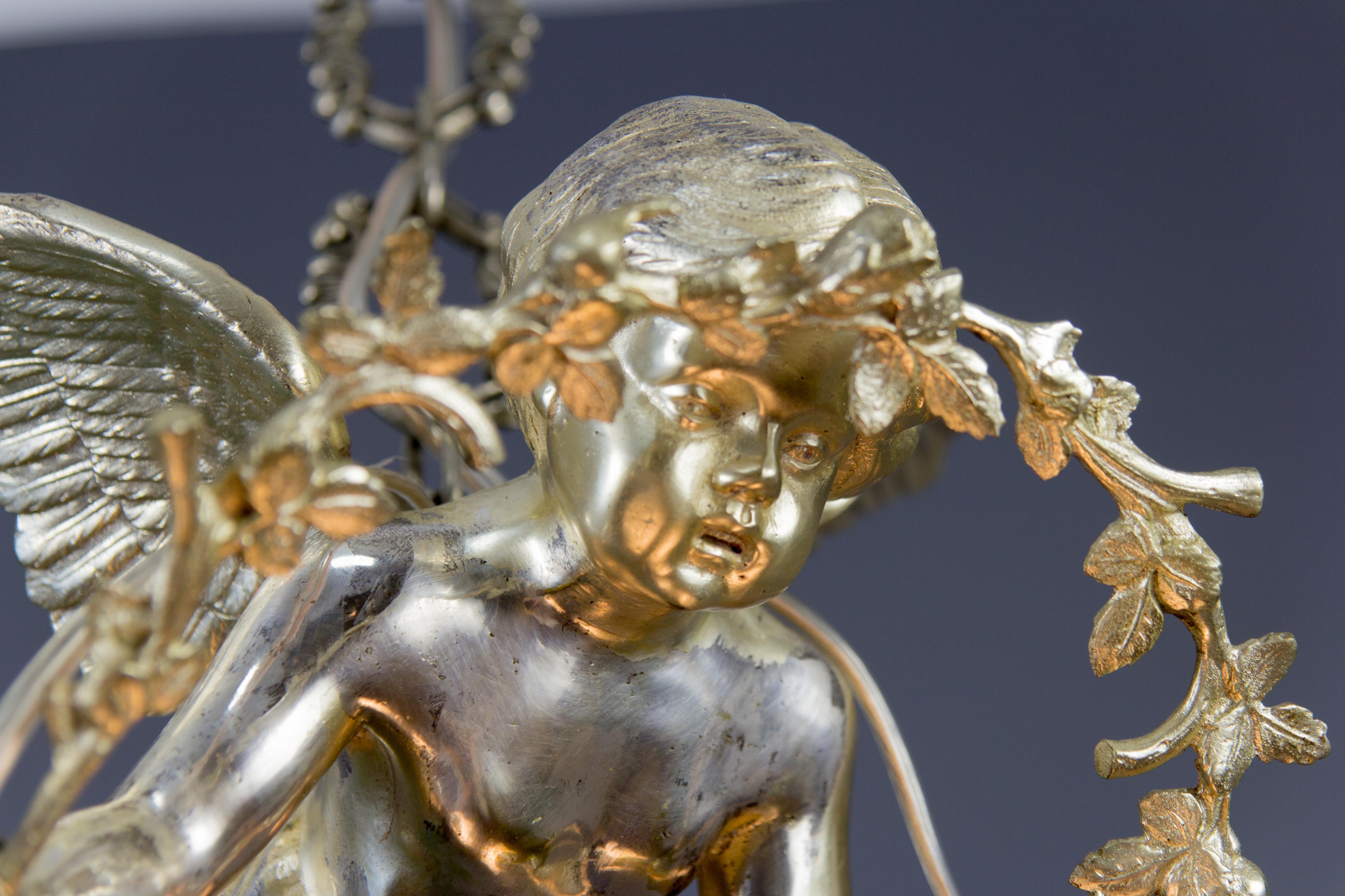 French Silver Color Bronze Cherub Two-Light Ceiling Light Fixture, 1920s 8