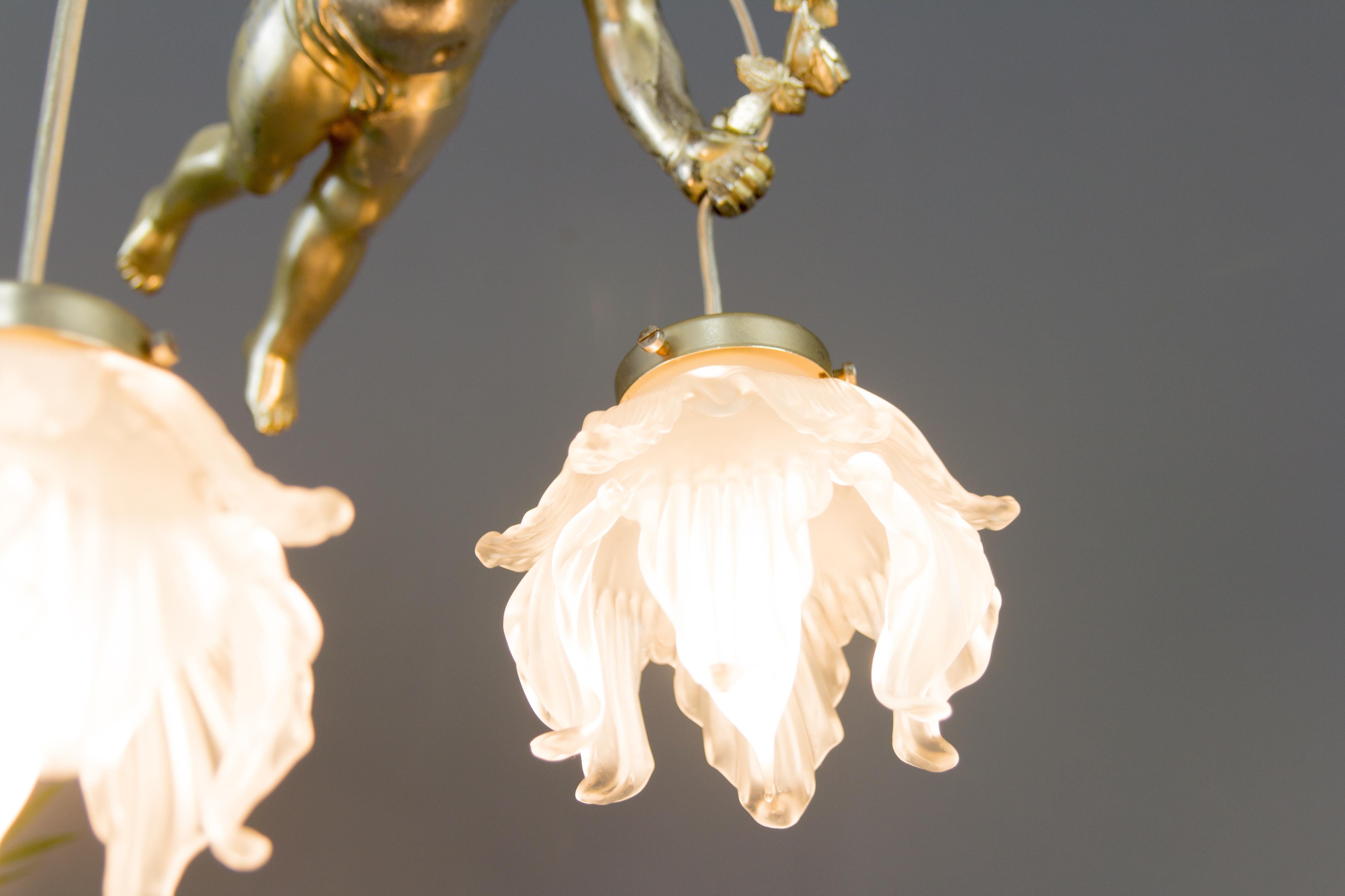 French Silver Color Bronze Cherub Two-Light Ceiling Light Fixture, 1920s 9