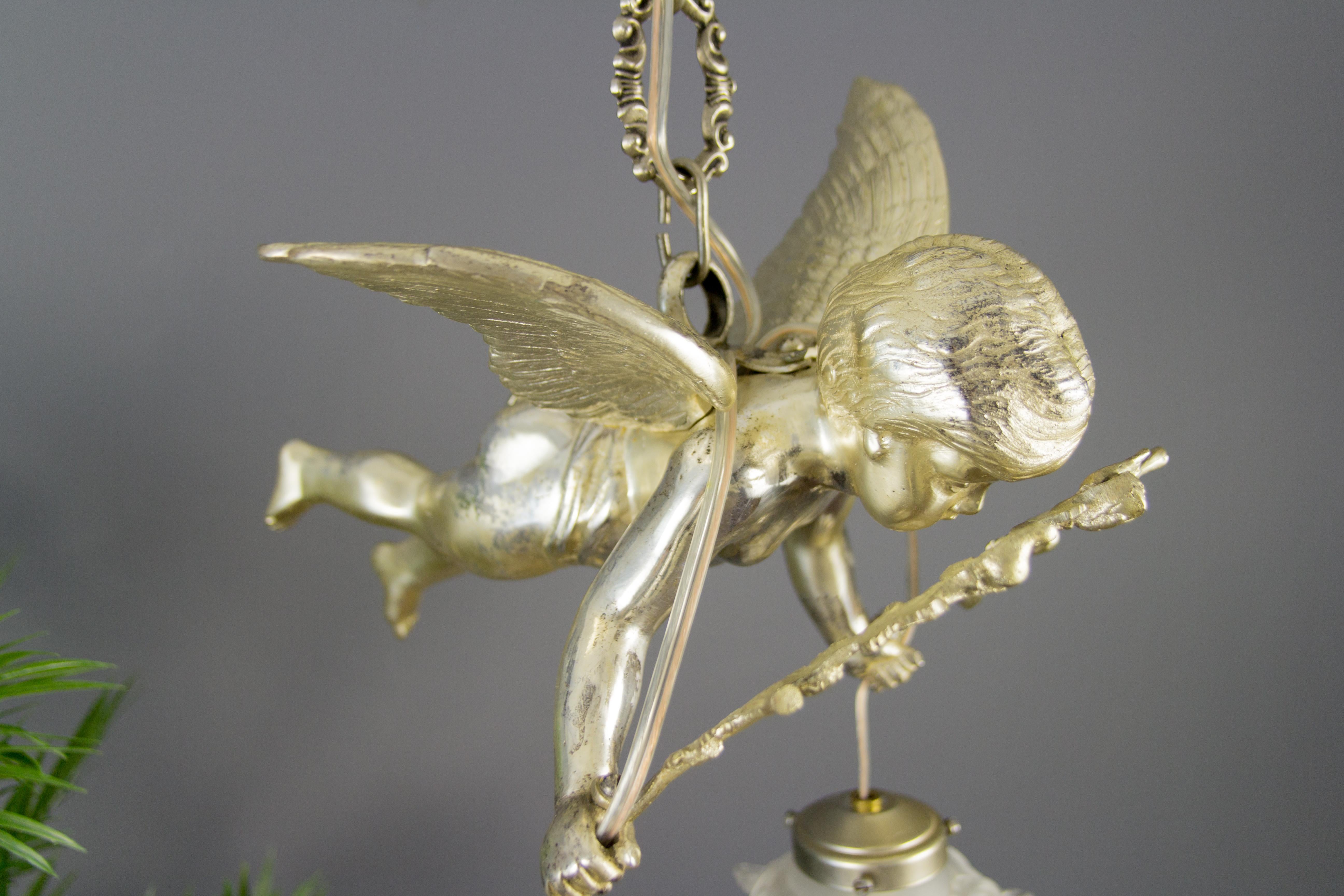 French Silver Color Bronze Cherub Two-Light Ceiling Light Fixture, 1920s 10