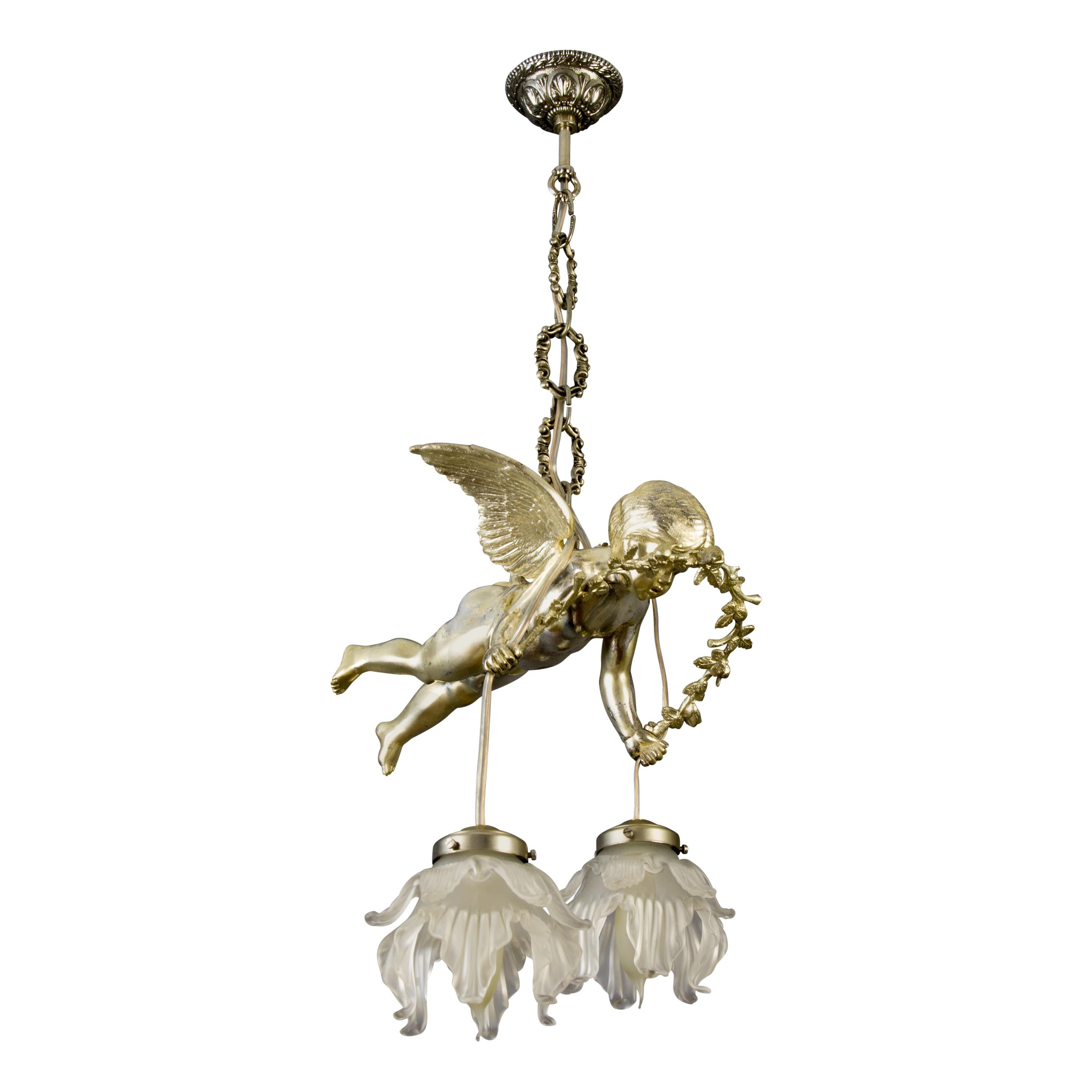 French Silver Color Bronze Cherub Two-Light Ceiling Light Fixture, 1920s