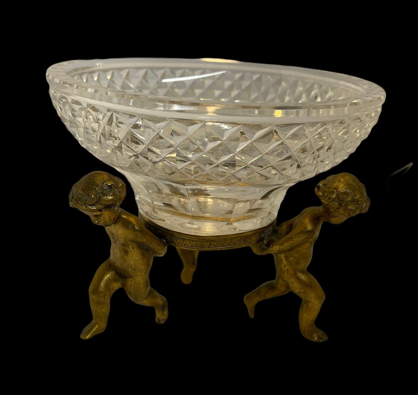 Cut Glass French Bronze Cherubs Cut Crystal Candy/Nut Dish Bowl For Sale