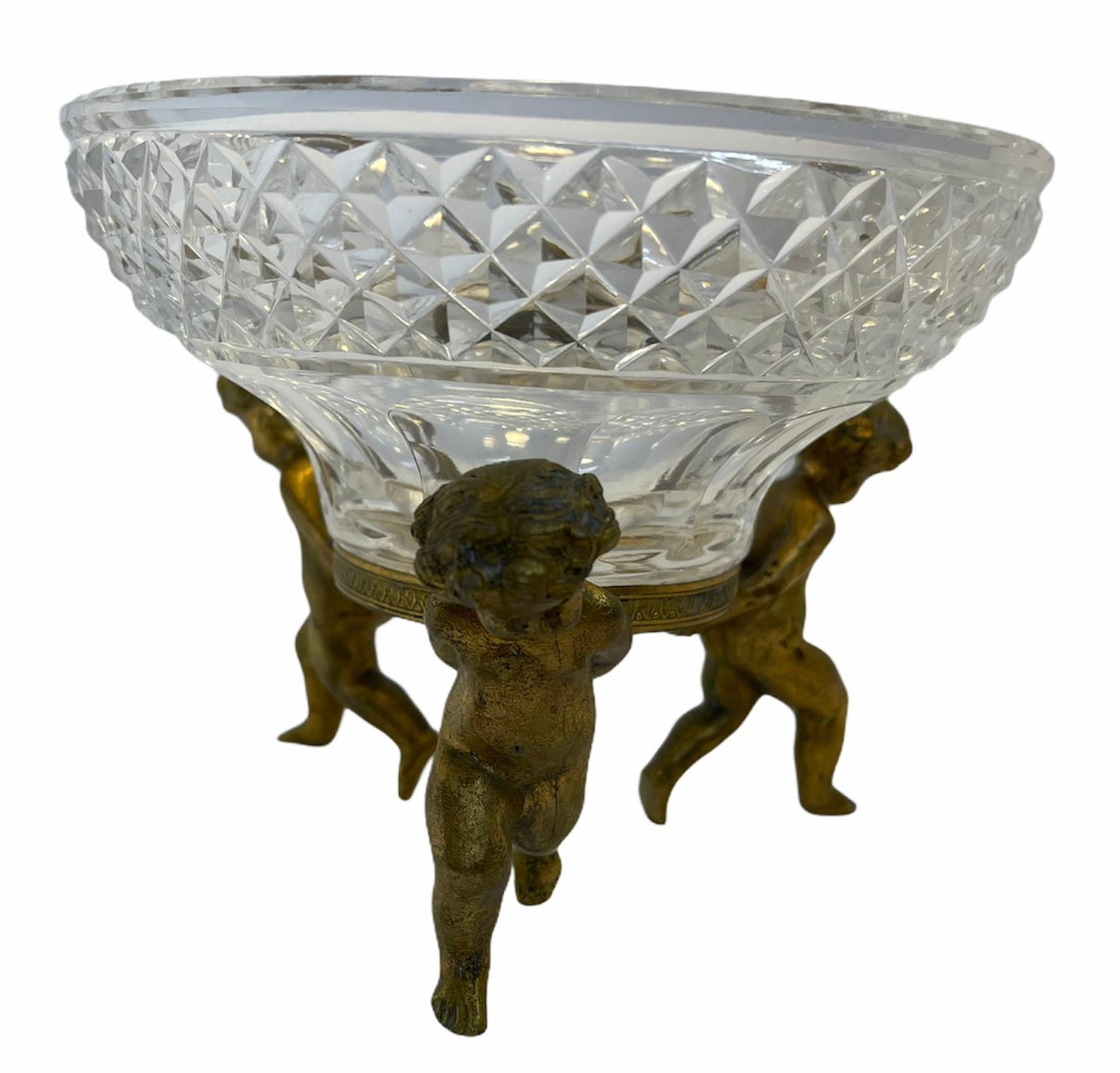 Victorian French Bronze Cherubs Cut Crystal Candy/Nut Dish Bowl For Sale