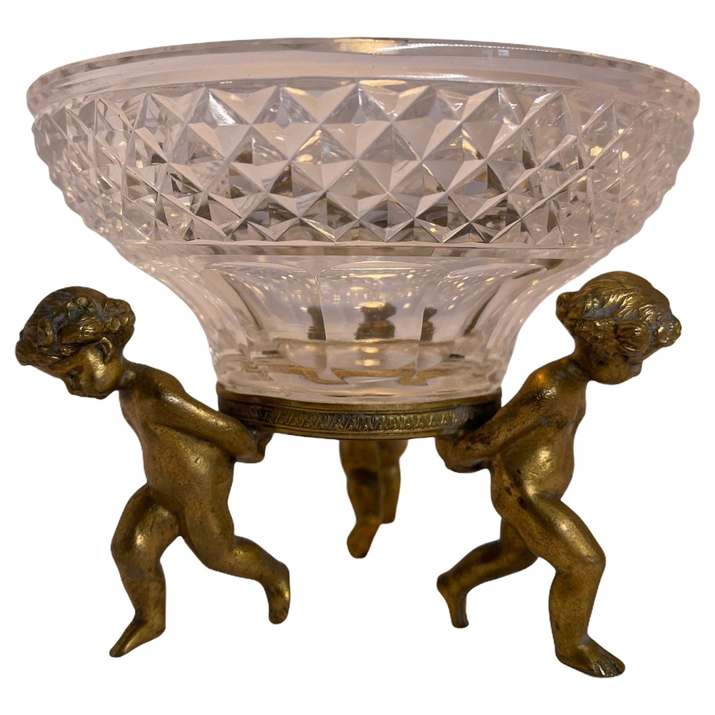French Bronze Cherubs Cut Crystal Candy/Nut Dish Bowl For Sale